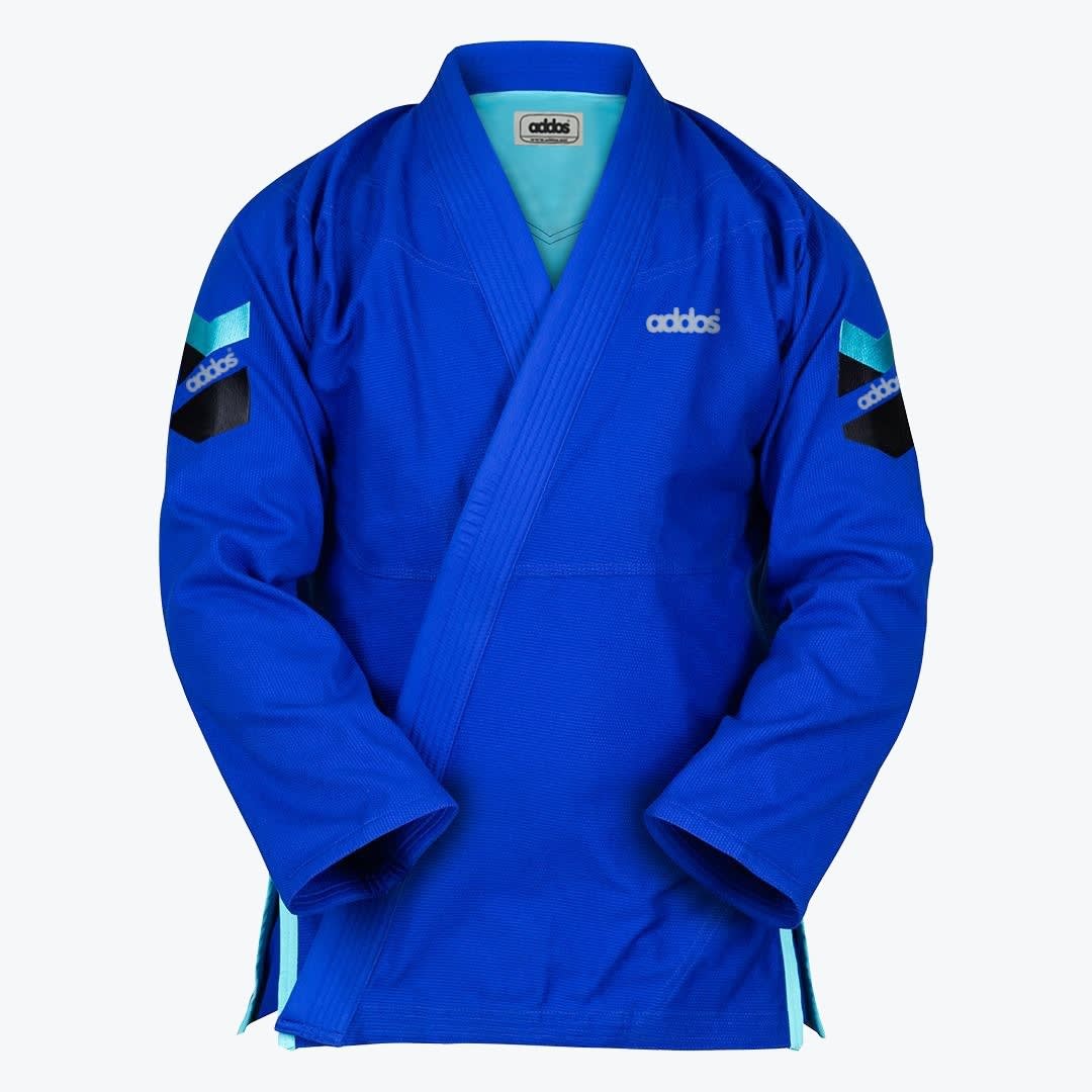 Addos Blue Brazilian Jiu-Jitsu Gi Jacket A royal blue Addos Brazilian Jiu-Jitsu gi jacket with light blue accents and embroidered branding on a white background.