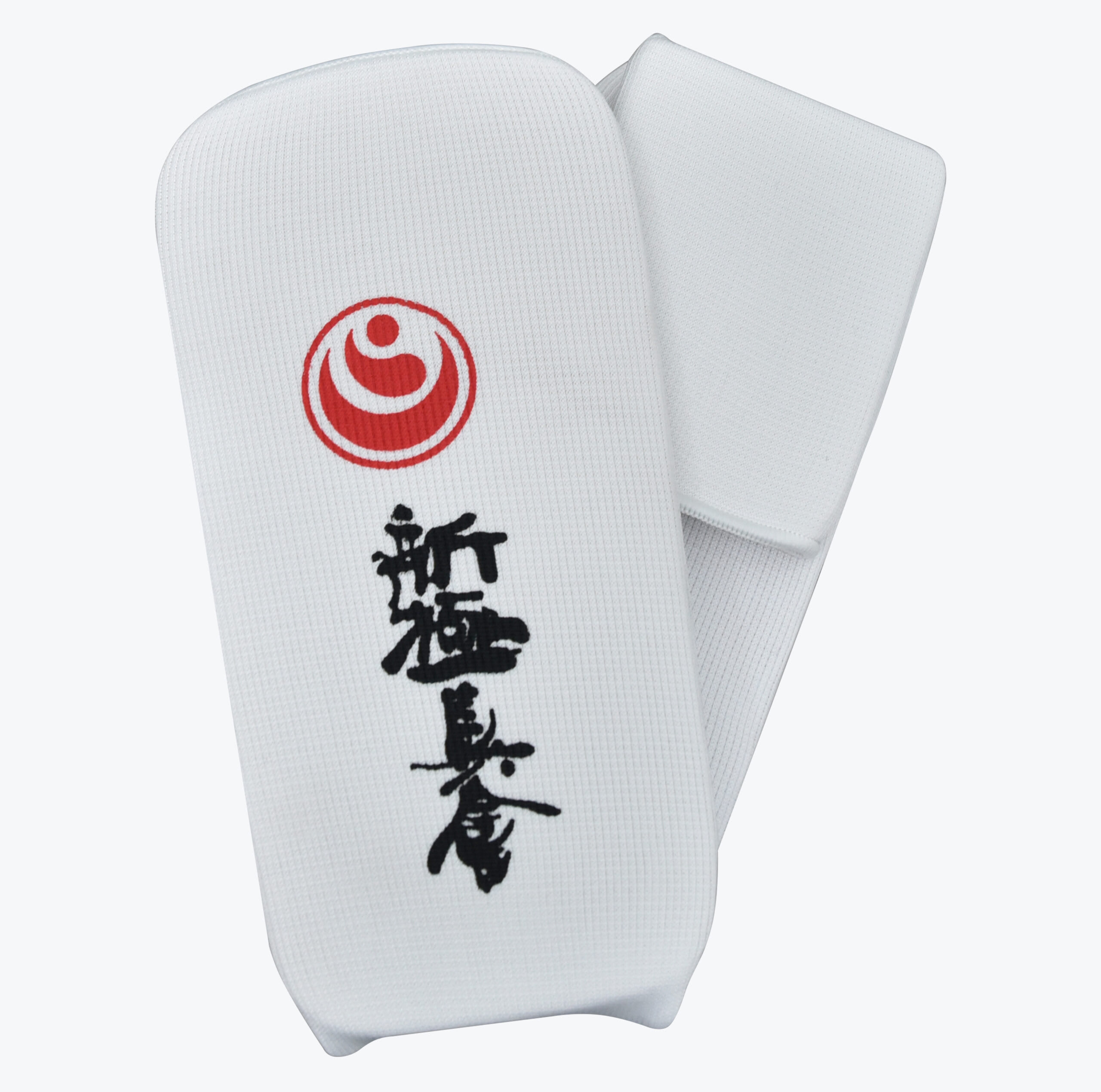 White Shinkyokushin Karate Shin Guards A pair of white padded slip-on shin guards for Shinkyokushin Karate, featuring a red circular logo and black Japanese kanji characters on a plain white background.