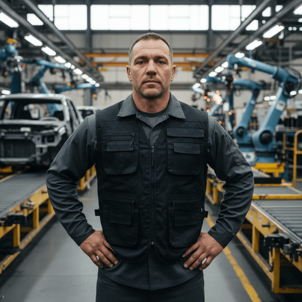 A middle-aged male factory worker in a black utility vest standing with hands on hips in an automotive assembly plant.