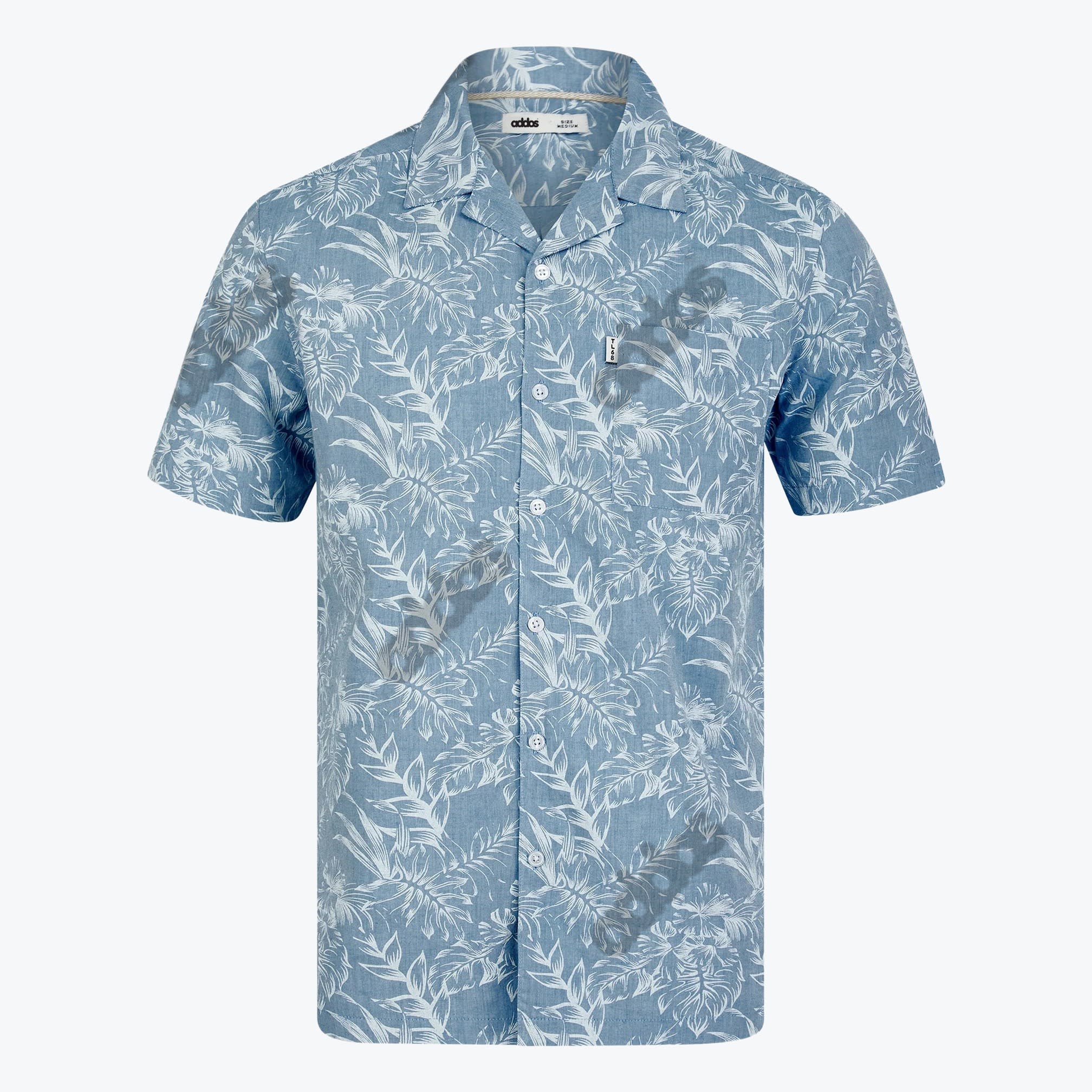 Addos Light Blue Tropical Print Short Sleeve Shirt Front view of an Addos light blue short sleeve button down shirt with a white tropical leaf print and a camp collar on a white background