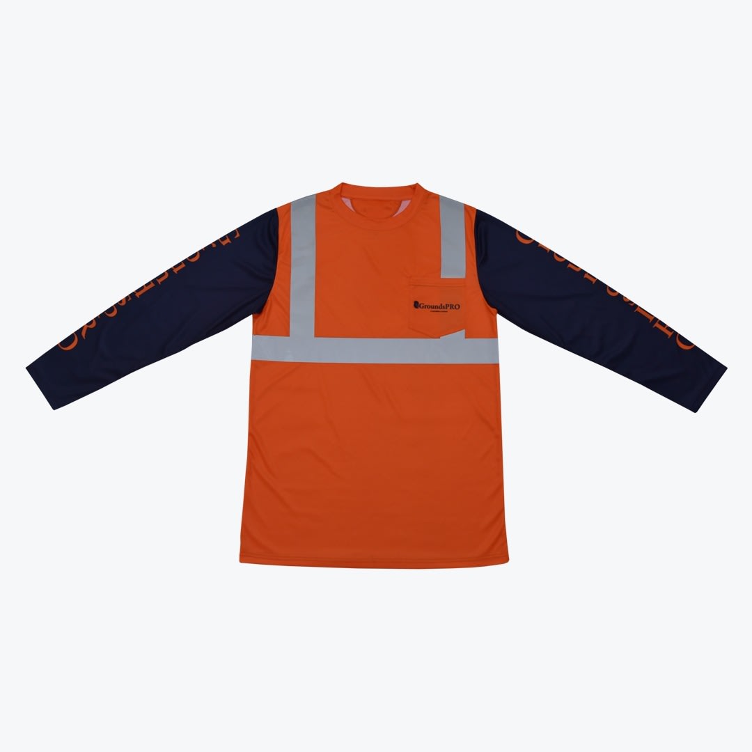 High-Visibility Long-Sleeve Safety Shirt with Navy Blue Sleeves A flat lay of an orange and navy blue long-sleeve safety shirt with silver reflective stripes and a GroundsPRO logo on the chest pocket.