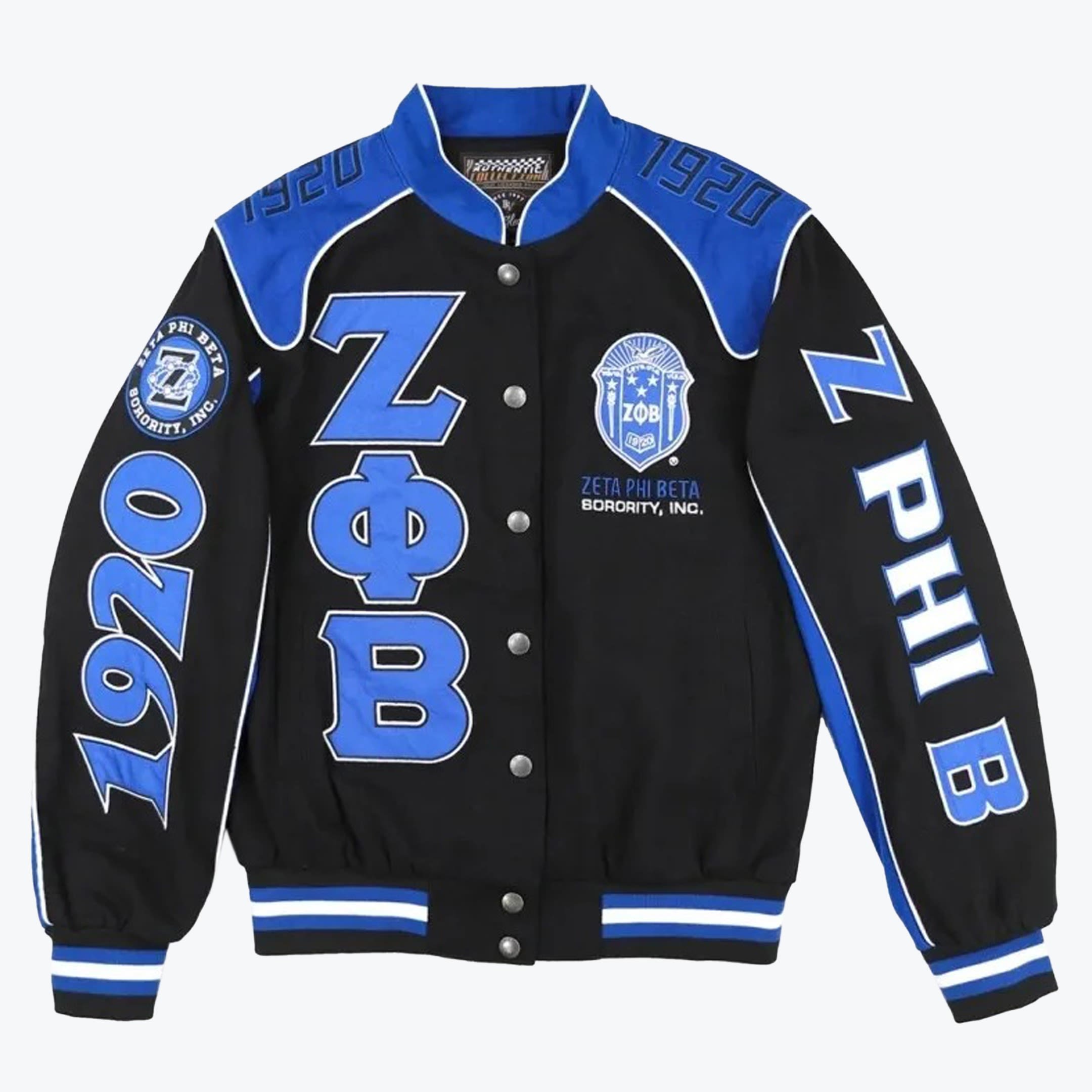 Back view of a royal blue and black varsity jacket featuring Zeta Phi Beta Sorority, Inc. embroidery, including the founding year 1920 and a large letter Z wrapped in pearls.