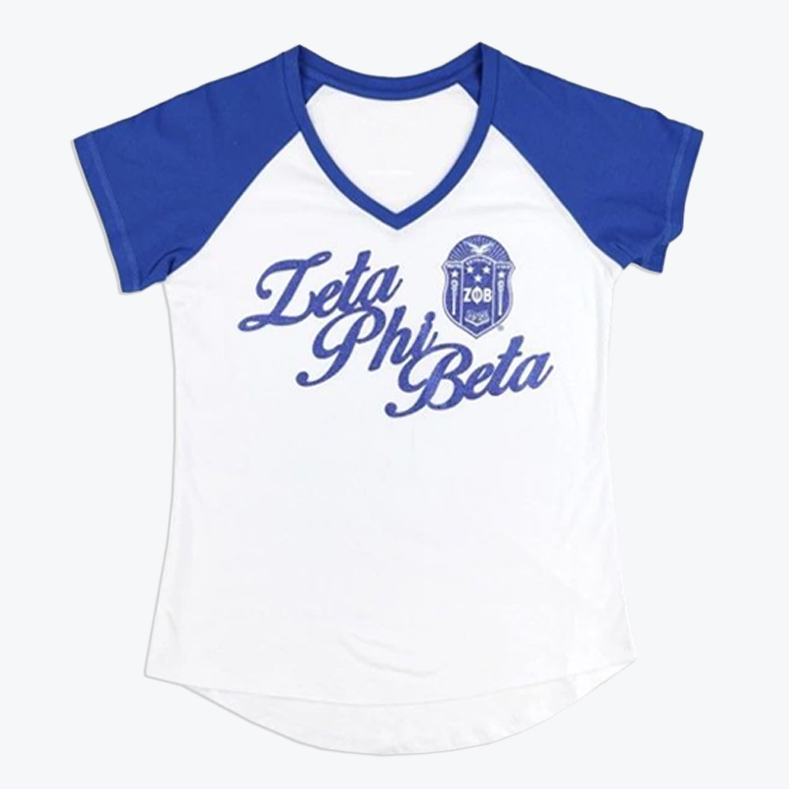 Zeta Phi Beta Raglan V-Neck T-Shirt A white and blue raglan V-neck t-shirt with Zeta Phi Beta in blue script and the sorority's crest printed on the chest.