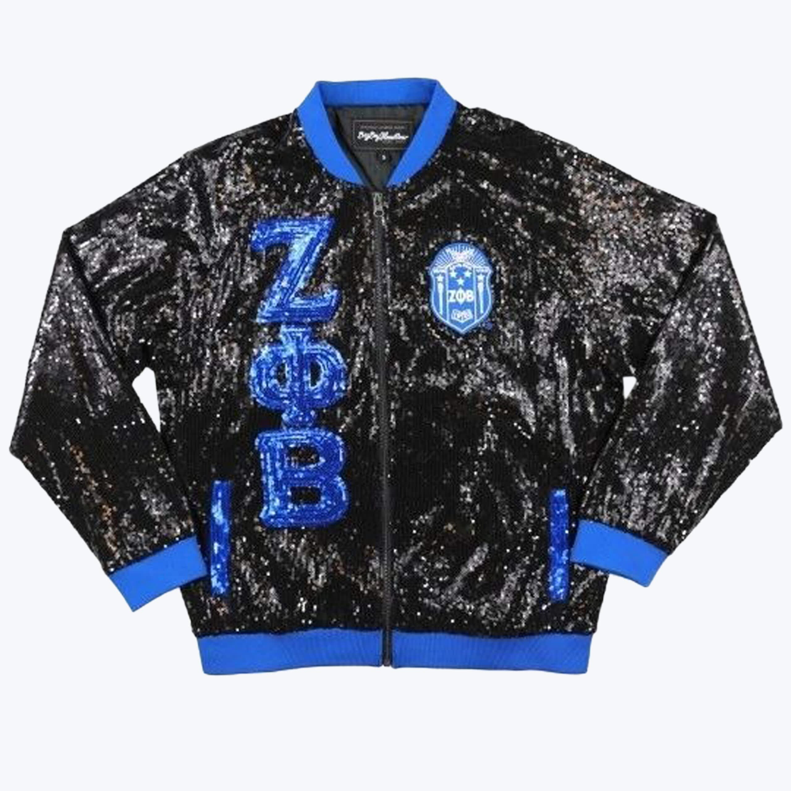 Zeta Phi Beta Sequined Bomber Jacket Black sequined bomber jacket with blue trim, featuring large blue sequin Zeta Phi Beta Greek letters on one side and the sorority shield on the other.