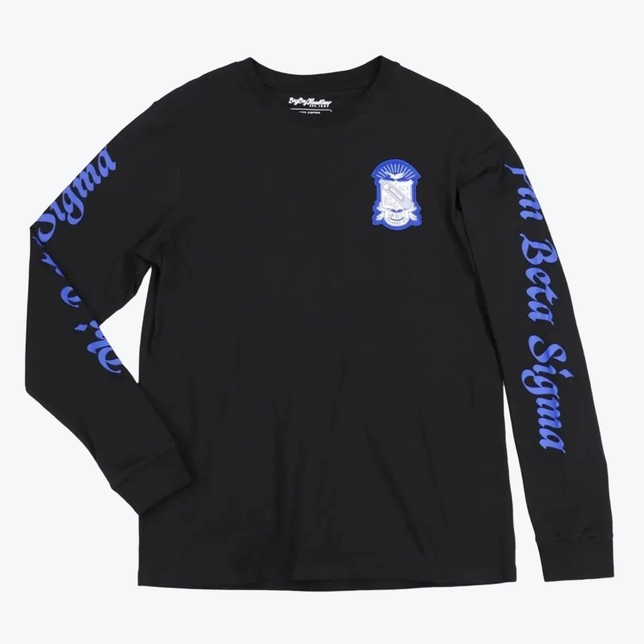 Phi Beta Sigma Black Long-Sleeve T-Shirt A black long-sleeve t-shirt with a blue Phi Beta Sigma crest on the chest and blue gothic text on the sleeves.