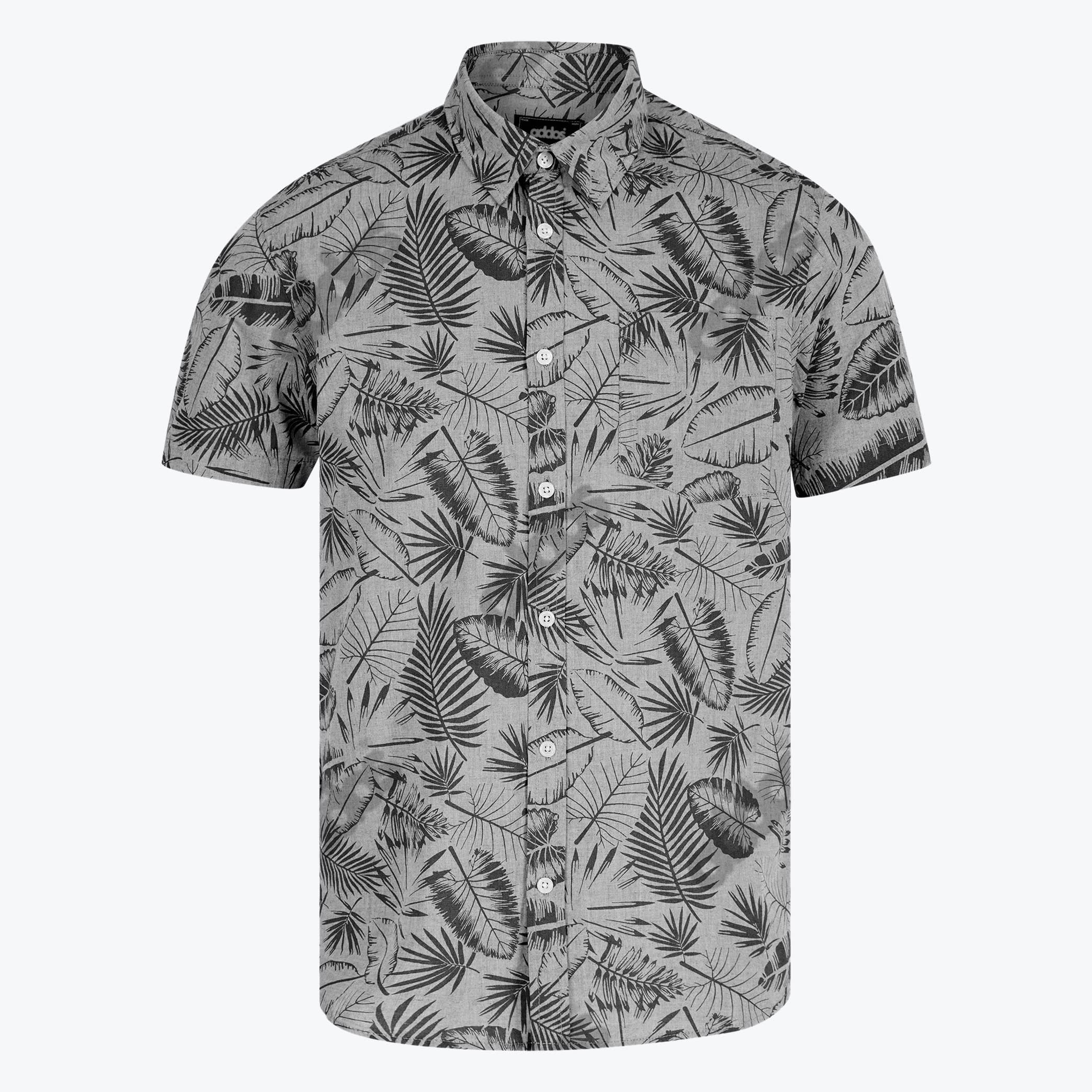 Mens Grey Tropical Leaf Print Short-Sleeve Button-Down Shirt A short-sleeve button-down shirt in grey with a black tropical leaf pattern, displayed against a plain white background.
