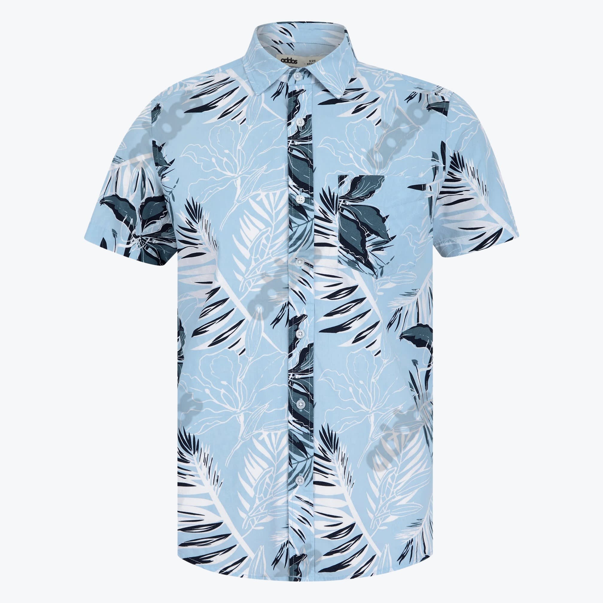 Addos Light Blue Tropical Print Short-Sleeve Button-Down Shirt A light blue short-sleeve button-down shirt with a white and dark blue tropical palm leaf print on a plain white background.