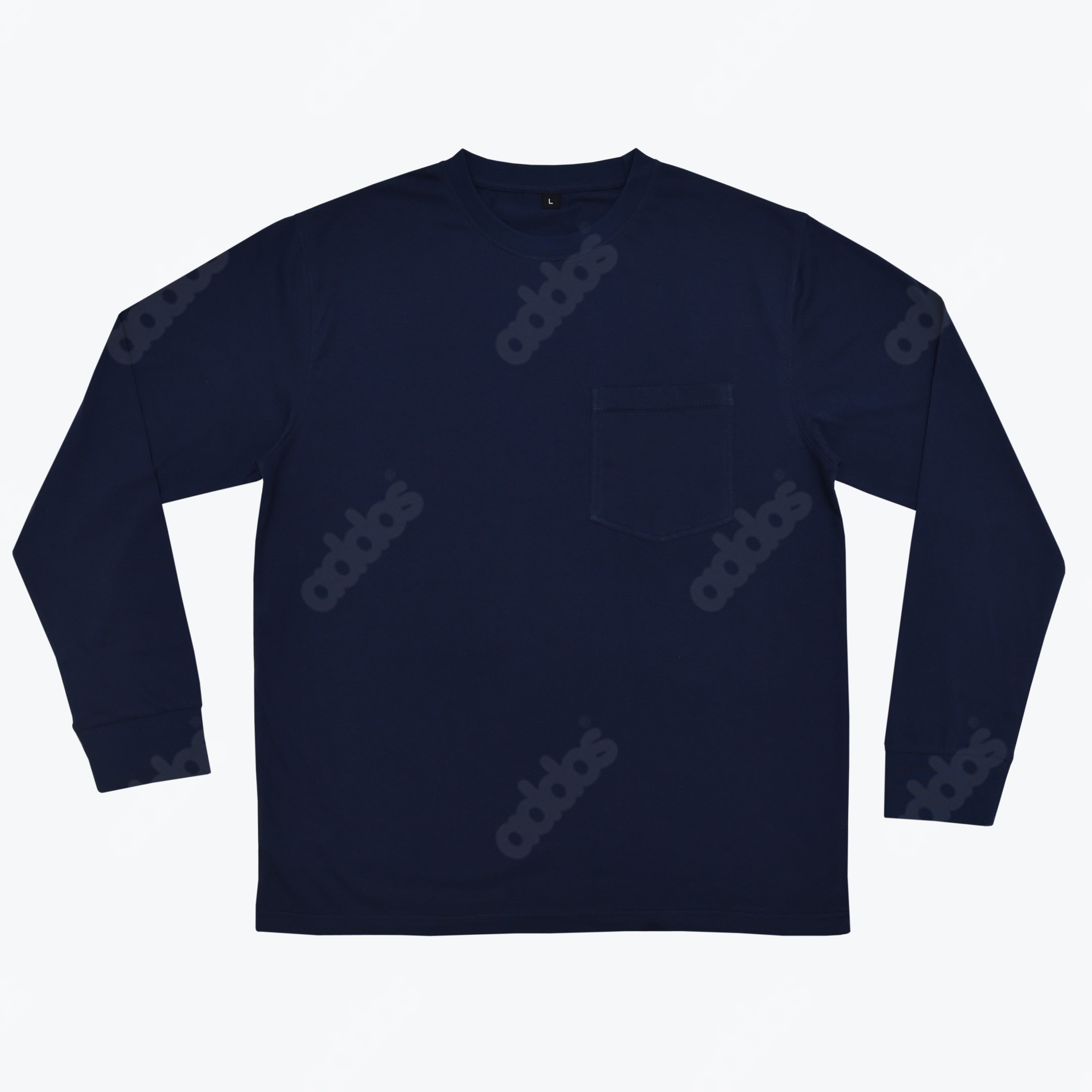 Navy Blue Addos Long Sleeve Pocket T-Shirt A flat lay of a navy blue long-sleeved crewneck t-shirt with a chest pocket and a subtle repeating diagonal Addos logo print.