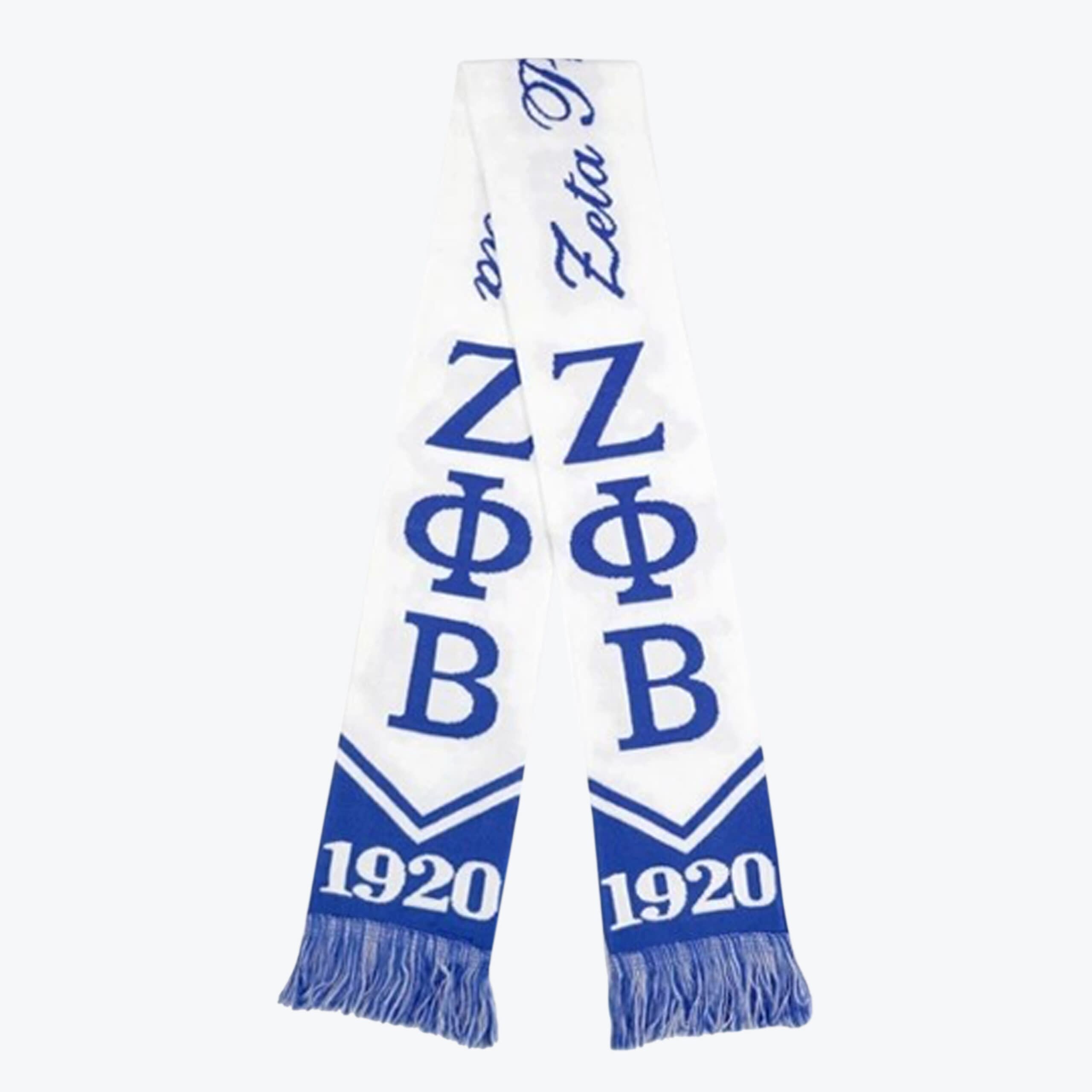 Zeta Phi Beta Sorority Scarf A white and blue Zeta Phi Beta sorority scarf with the Greek letters ΖΦΒ and the founding year 1920 on the fringed ends.