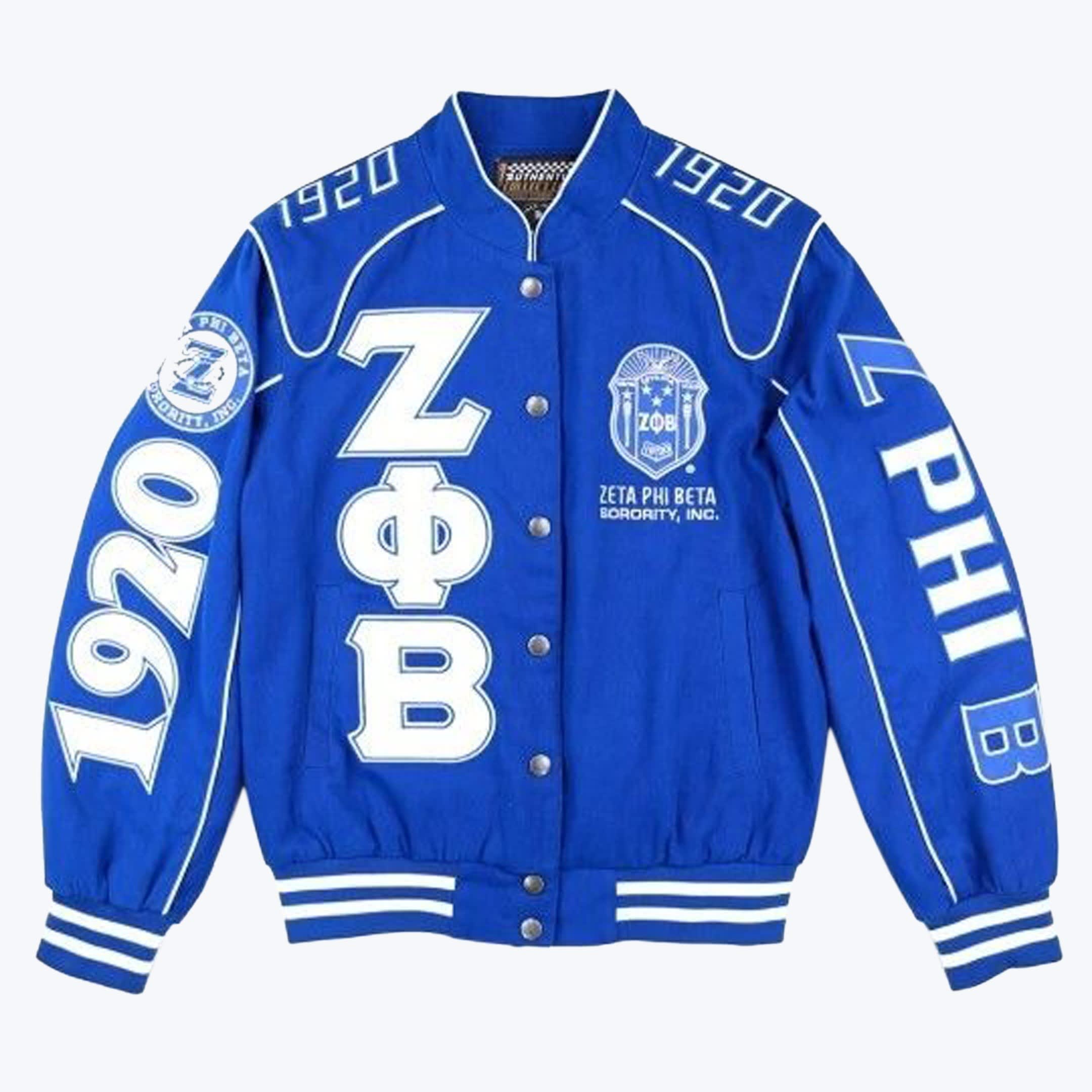 Zeta Phi Beta Sorority Varsity Jacket A royal blue varsity jacket displaying white Greek letters ZΦB, the Zeta Phi Beta crest, and the founding year 1920 on the sleeves.