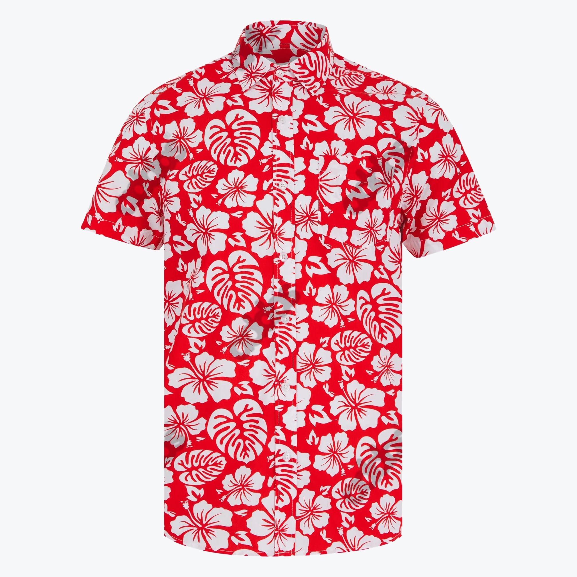 Red and White Hawaiian Floral Print Shirt A short-sleeved red button-down shirt with a white tropical print of hibiscus flowers and monstera leaves, displayed against a plain white background.
