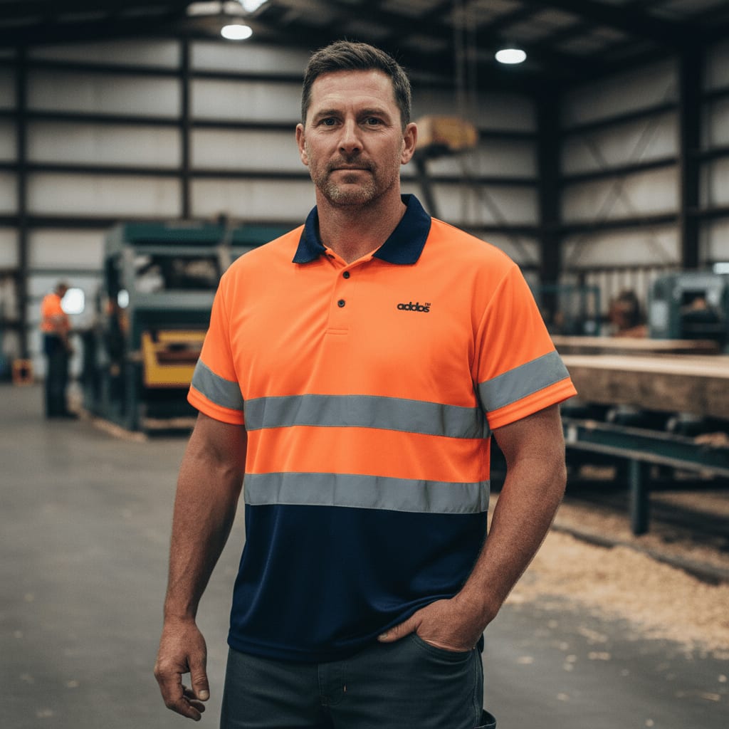 A man wearing an orange and navy high-visibility polo shirt with reflective stripes, standing inside a large industrial workshop.
