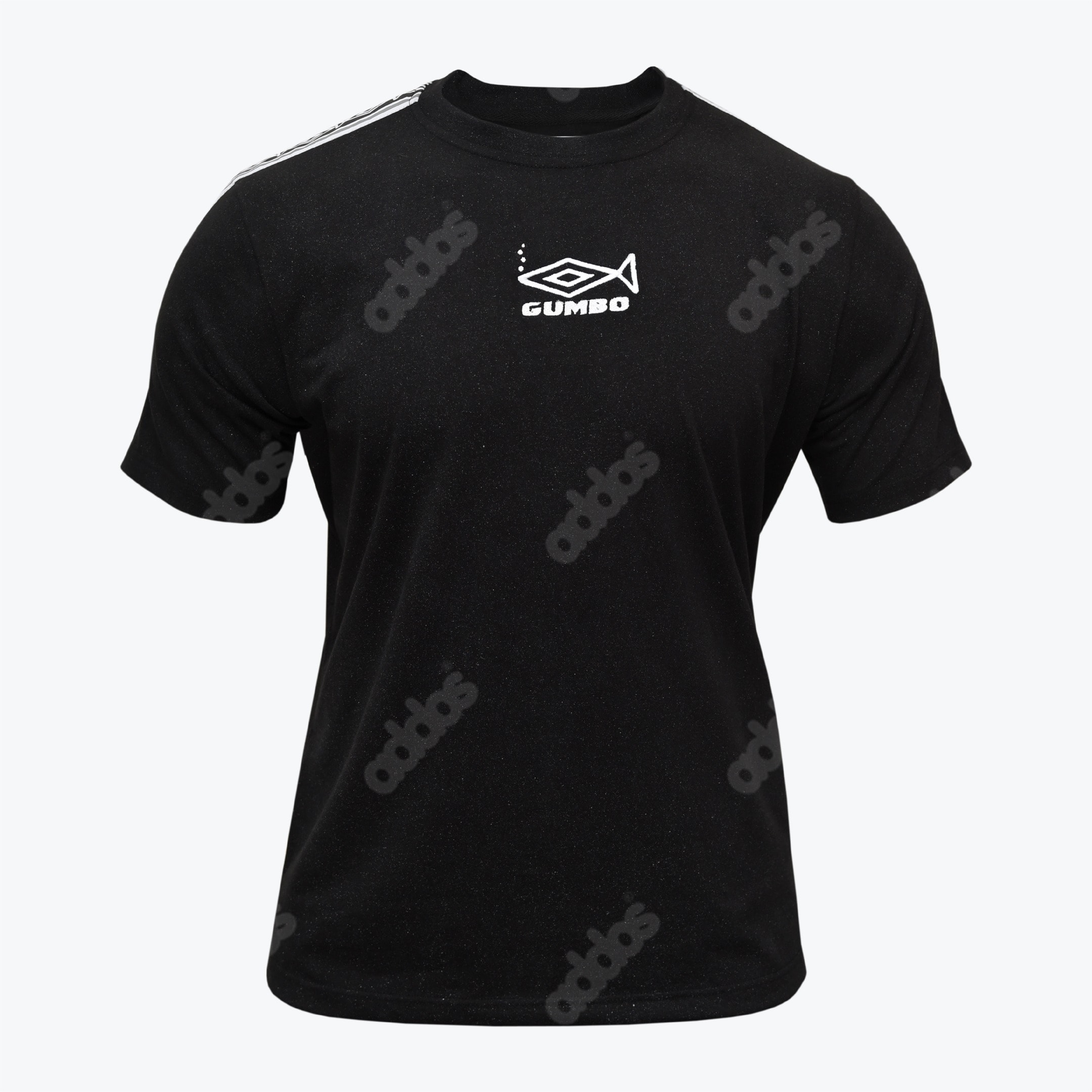 Black Gumbo Parody Graphic T-Shirt A black t-shirt with a white GUMBO fish-diamond logo on the chest, faint diagonal addos watermarks, and white stripes on the right shoulder.