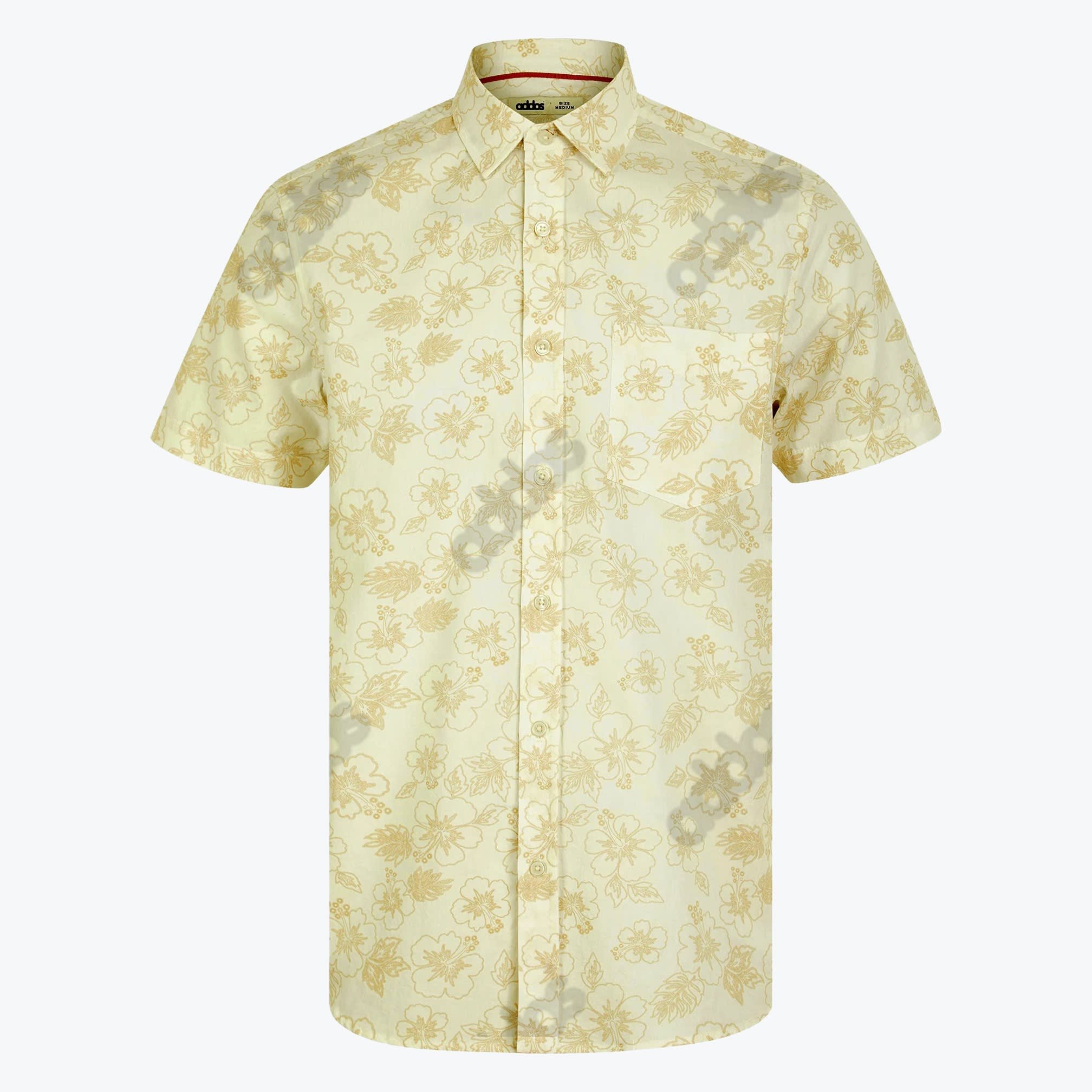 A light yellow short-sleeve button-up shirt with a subtle beige hibiscus floral pattern and a chest pocket, displayed flat against a white background.