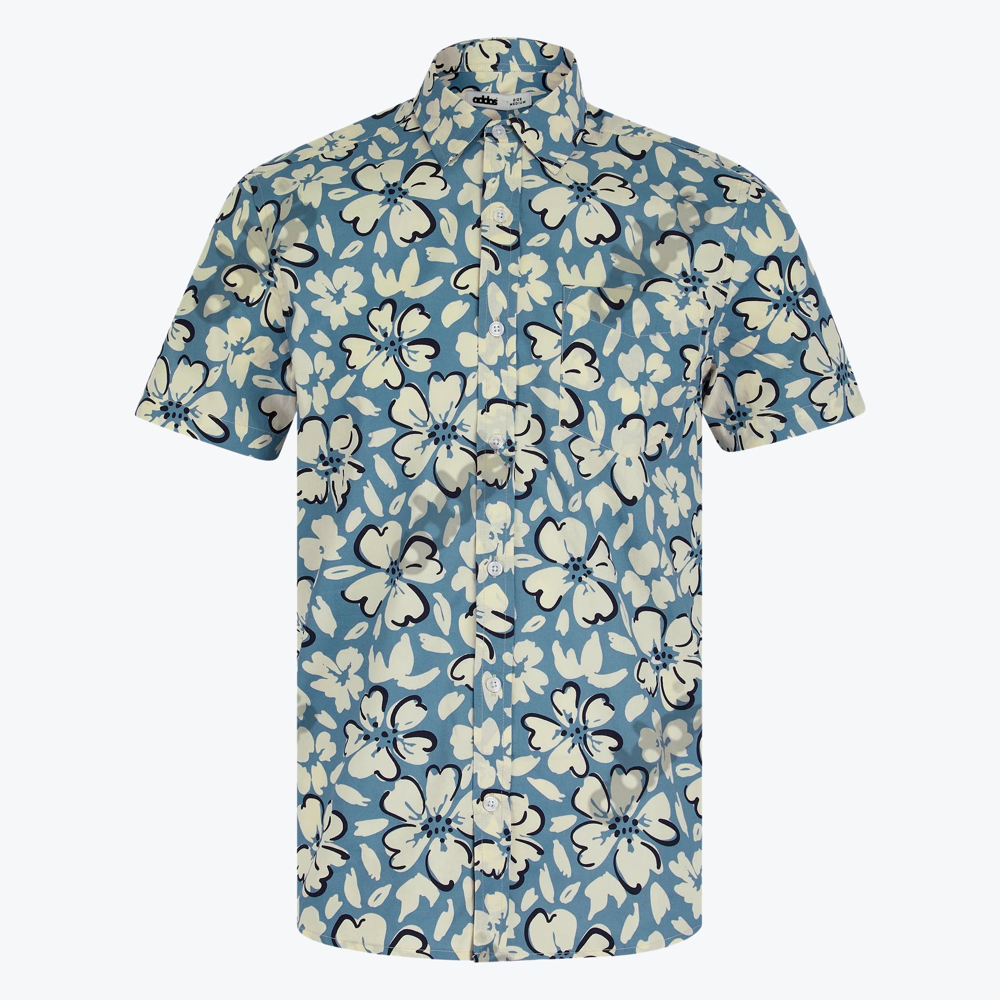 Addos Floral Print Short Sleeve Button-Up Shirt A short-sleeved button-up shirt with a dusty blue background and an all-over cream floral pattern.