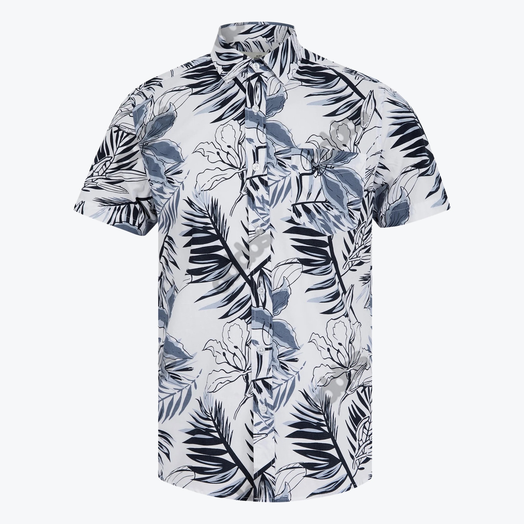 Mens White and Blue Tropical Print Short-Sleeve Shirt A mens short-sleeve white button-up shirt with a blue tropical palm leaf and floral pattern, featuring a chest pocket and collar.