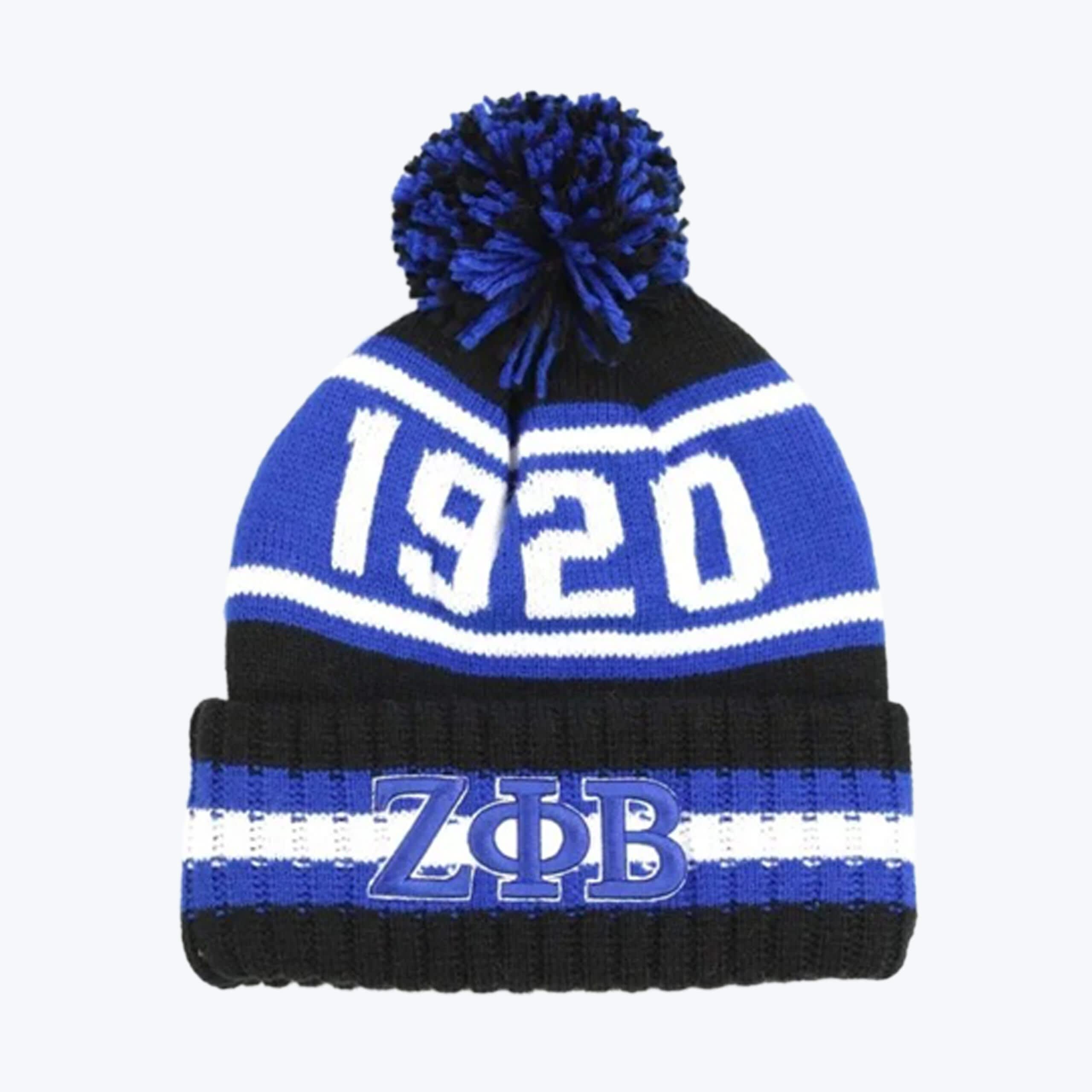 Zeta Phi Beta 1920 Knit Pom-Pom Beanie A black, blue, and white knit beanie with 1920 on the crown and ΖΦΒ embroidered on the cuff, topped with a pom-pom.