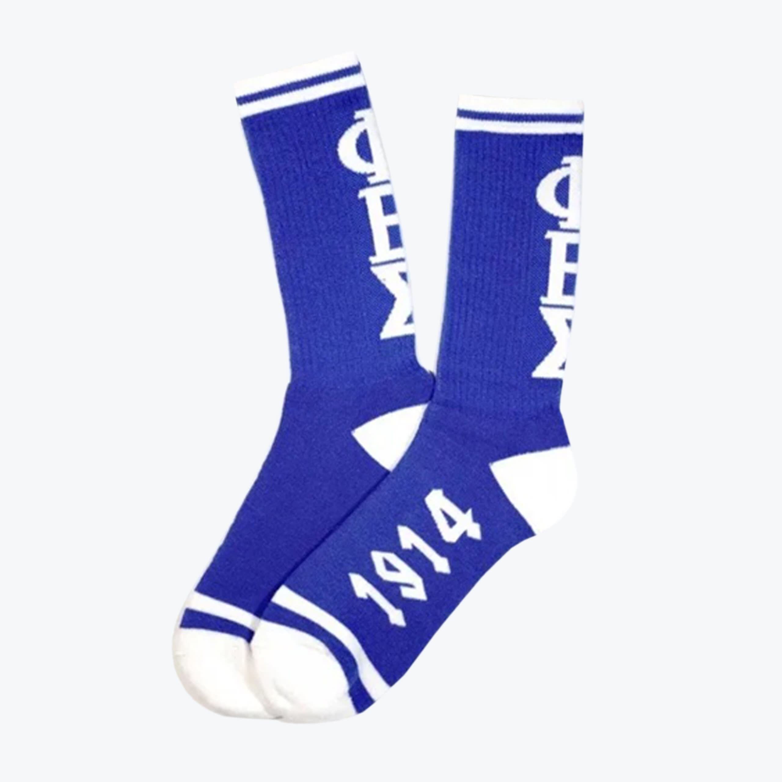 Phi Beta Sigma 1914 Blue and White Socks A pair of royal blue crew socks with white Greek letters ΦΒΣ and the year 1914 printed on them.