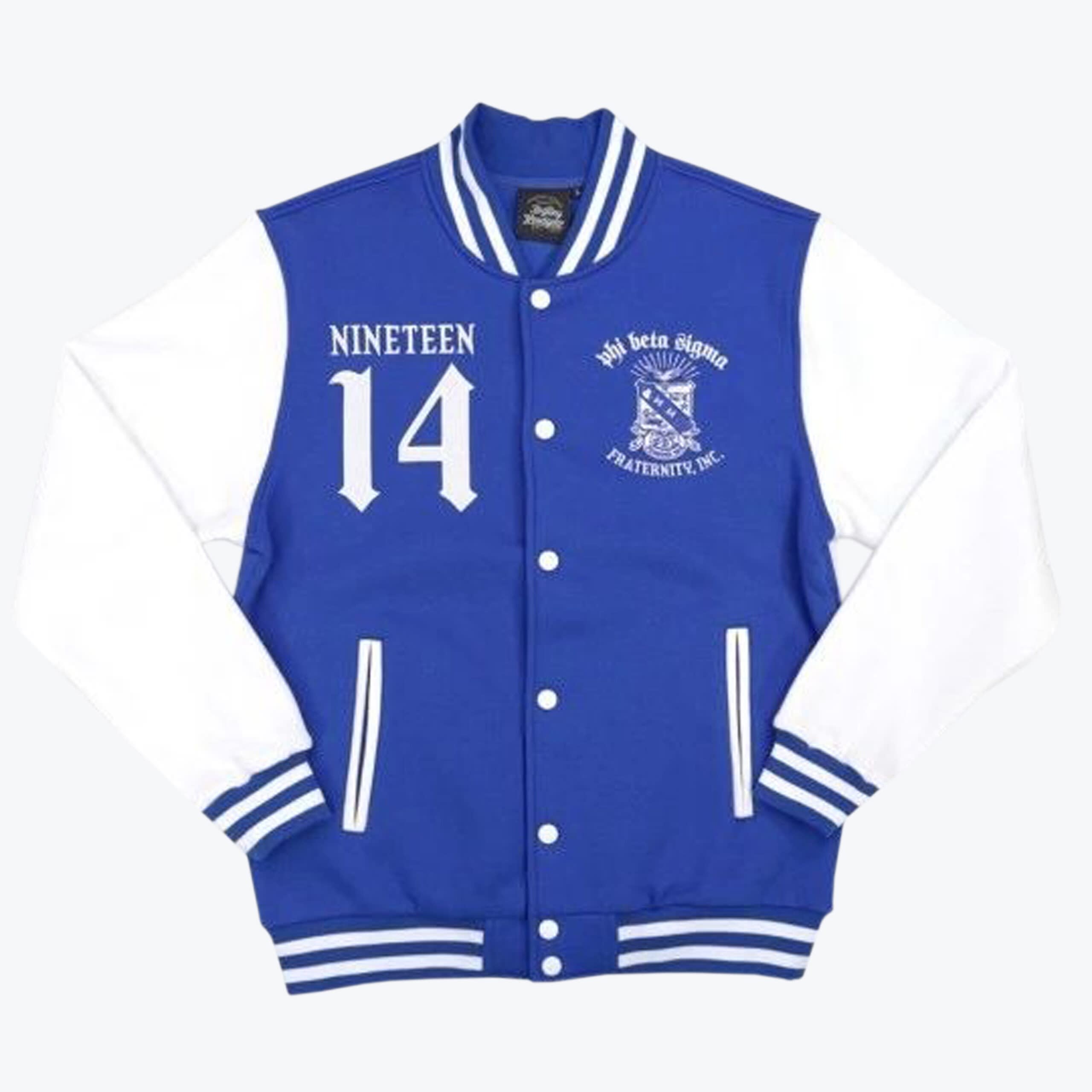 Phi Beta Sigma Varsity Jacket A royal blue and white varsity jacket featuring NINETEEN 14 on the right chest and the official Phi Beta Sigma fraternity crest on the left chest.