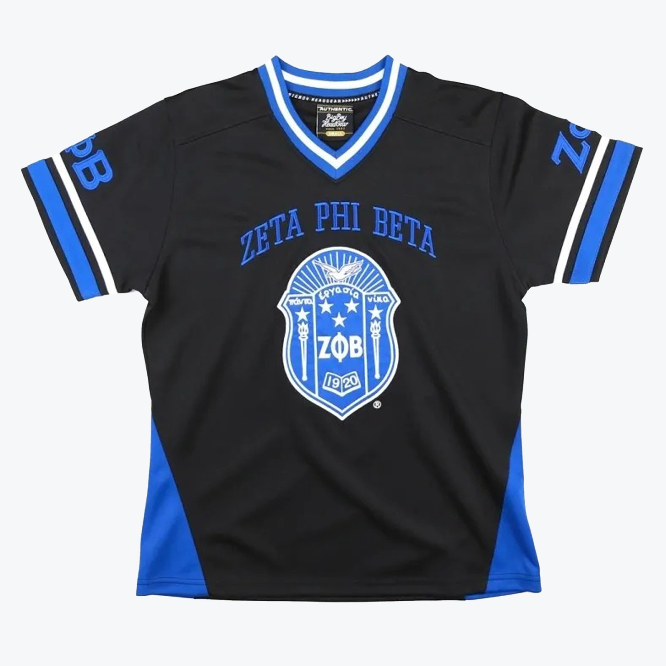 Zeta Phi Beta Black and Blue V-Neck Jersey A black V-neck jersey with royal blue and white trim, featuring the Zeta Phi Beta sorority name and crest on the front.
