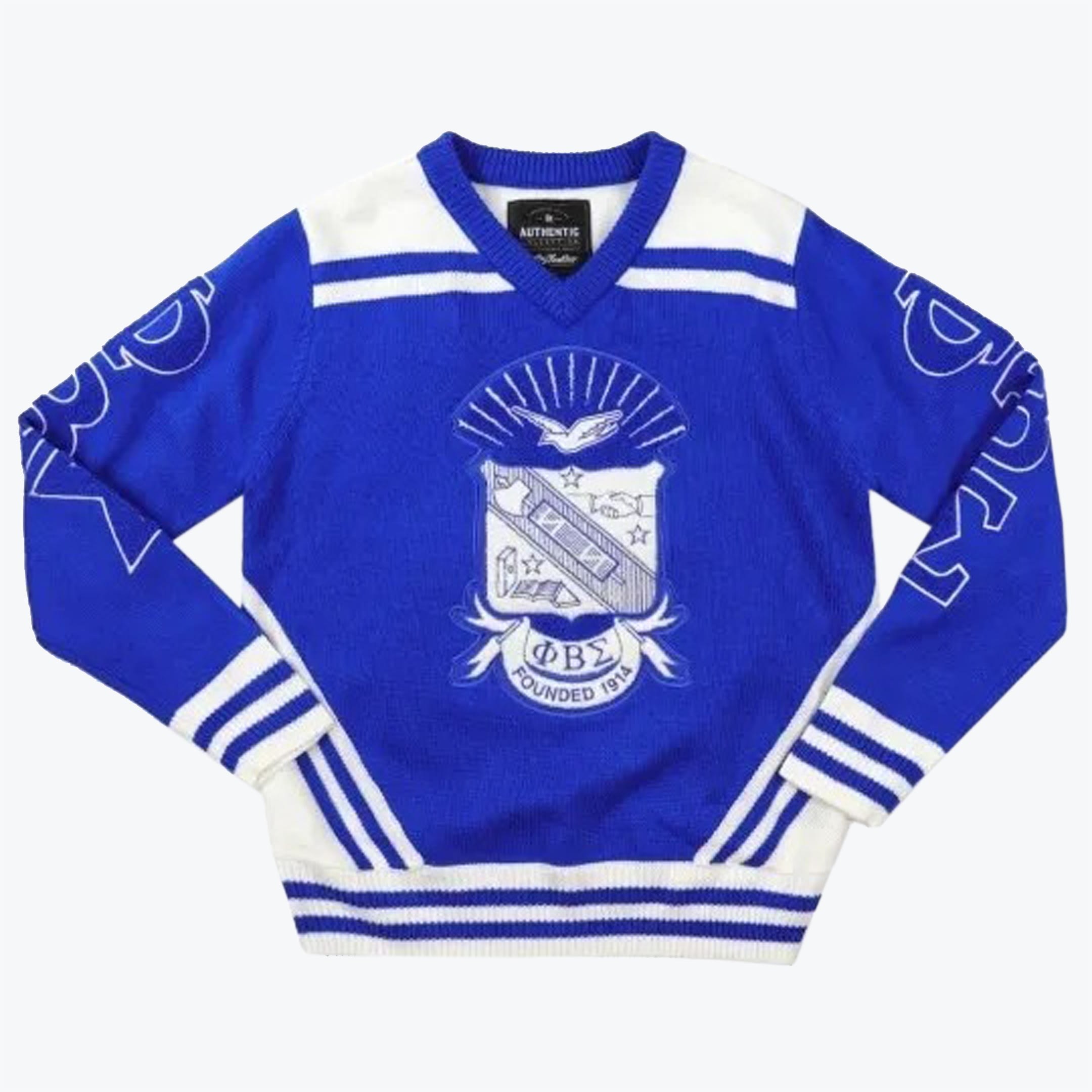 A royal blue and white knit V-neck sweater featuring the Phi Beta Sigma fraternity crest on the front and Greek letters on the sleeves.