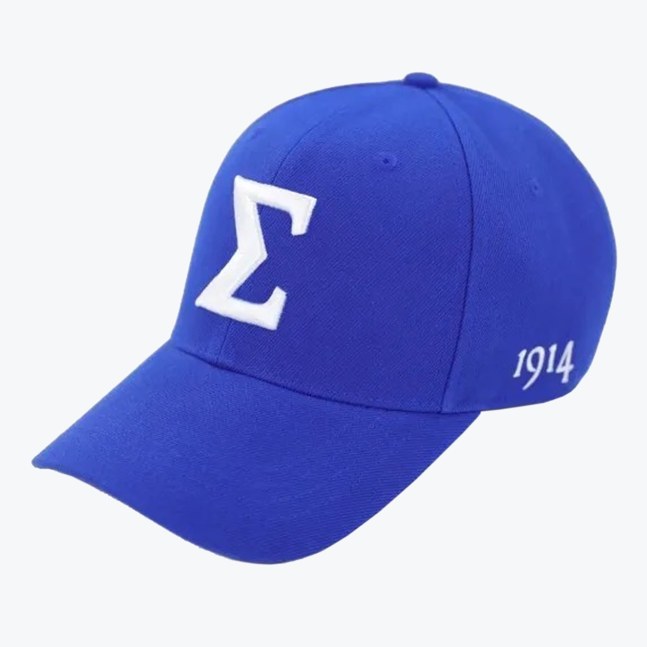 Blue Sigma 1914 Baseball Cap A royal blue baseball cap with a large white Greek letter Sigma embroidered on the front and the year 1914 embroidered on the side.