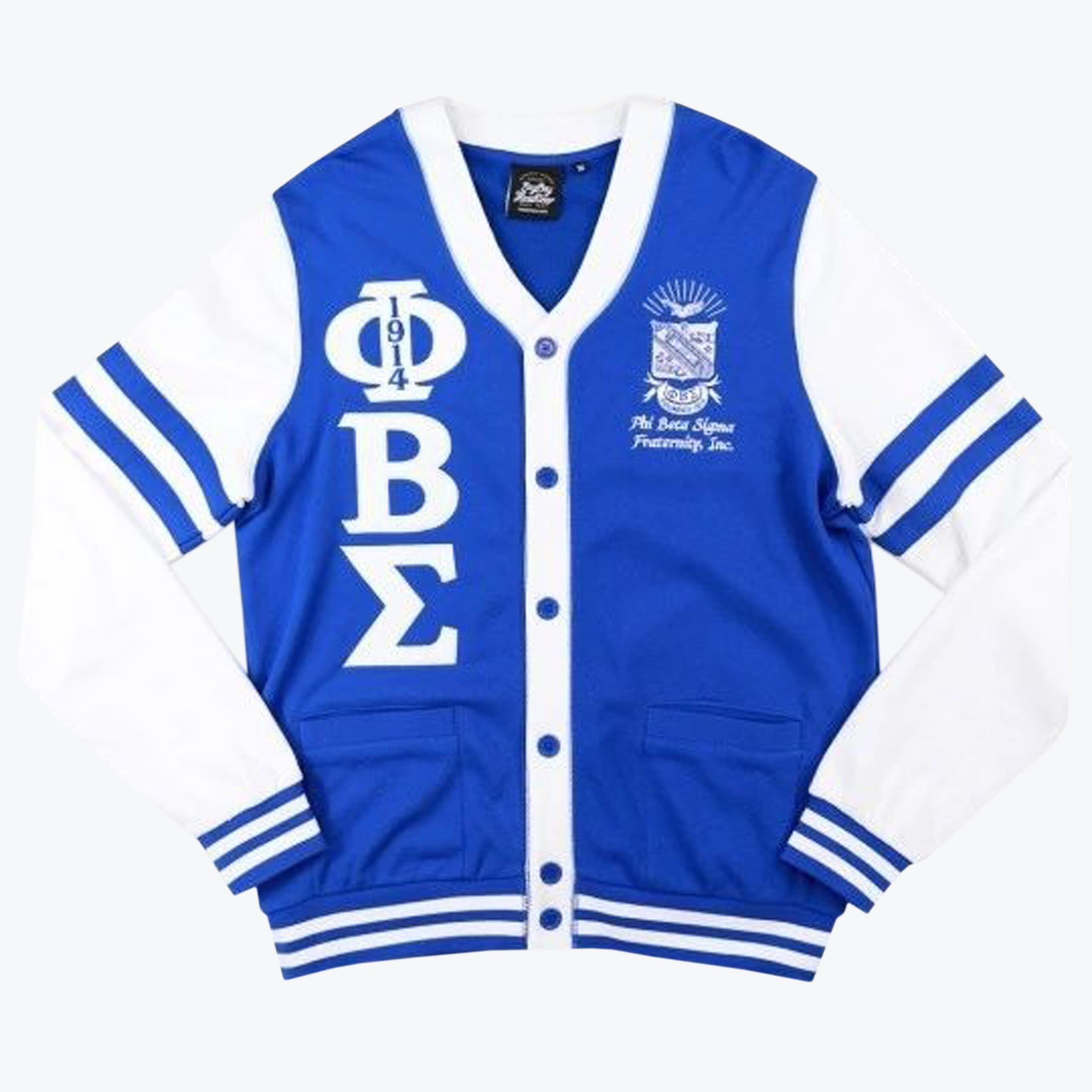 Phi Beta Sigma Fraternity Cardigan A royal blue and white cardigan with vertical Greek letters ΦΒΣ on the right side and the Phi Beta Sigma crest on the left side.