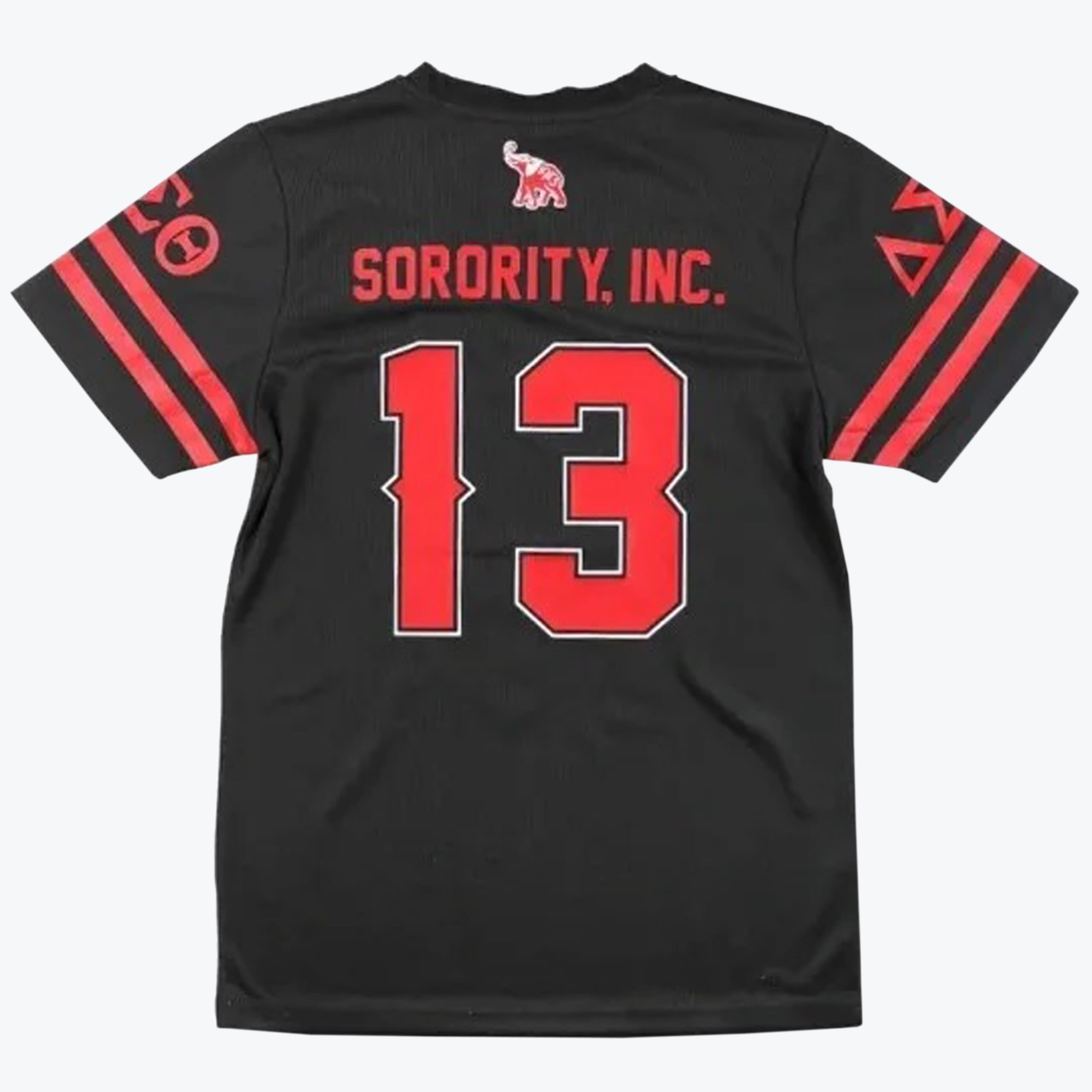 The back view of a black Delta Sigma Theta jersey featuring SORORITY, INC. and the number 13 in red, with an elephant logo and Greek letters on the sleeves.
