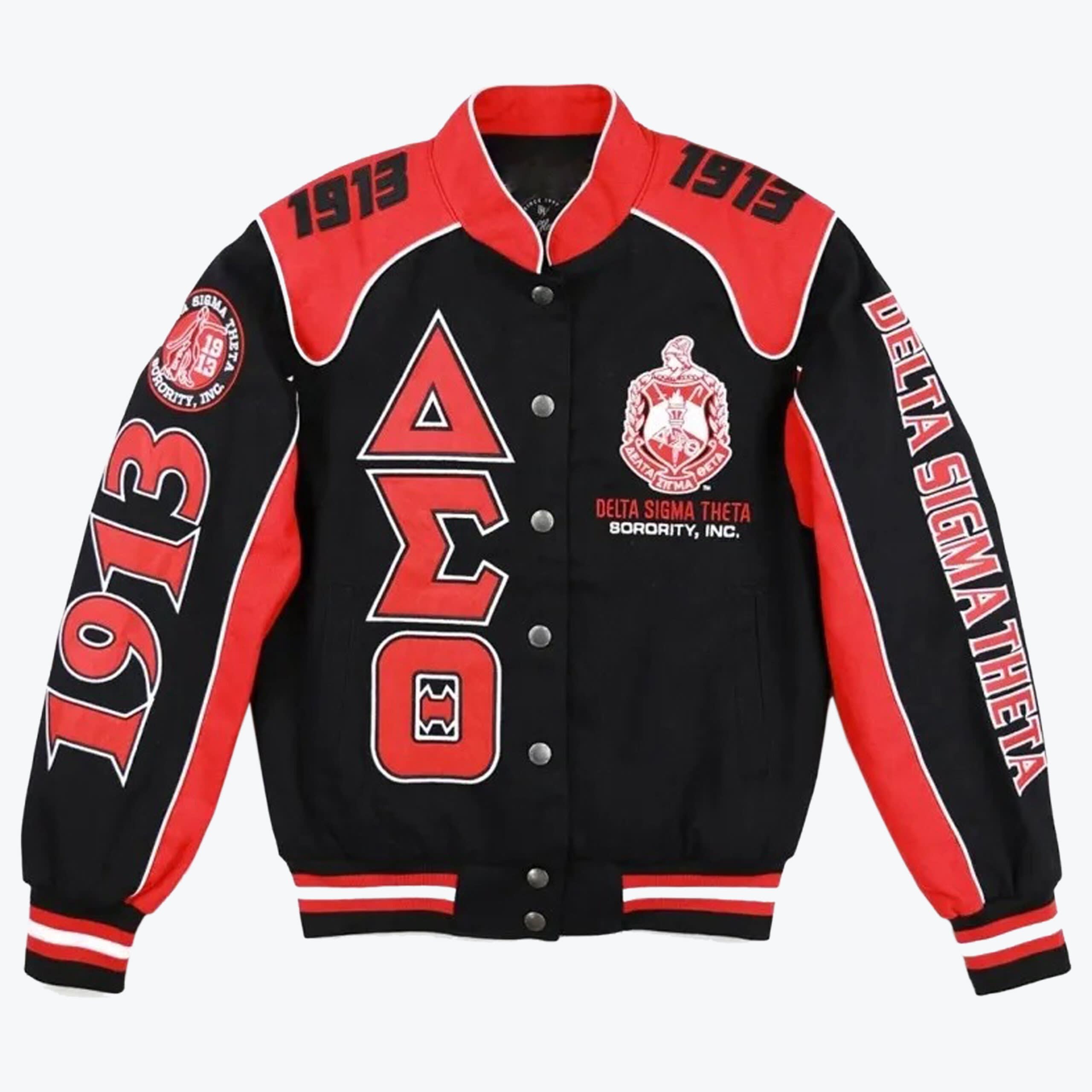 Delta Sigma Theta Sorority Varsity Jacket A black and red Delta Sigma Theta Sorority varsity jacket with Greek letters ΔΓΘ, the sorority crest, and the founding year 1913 on a white background.