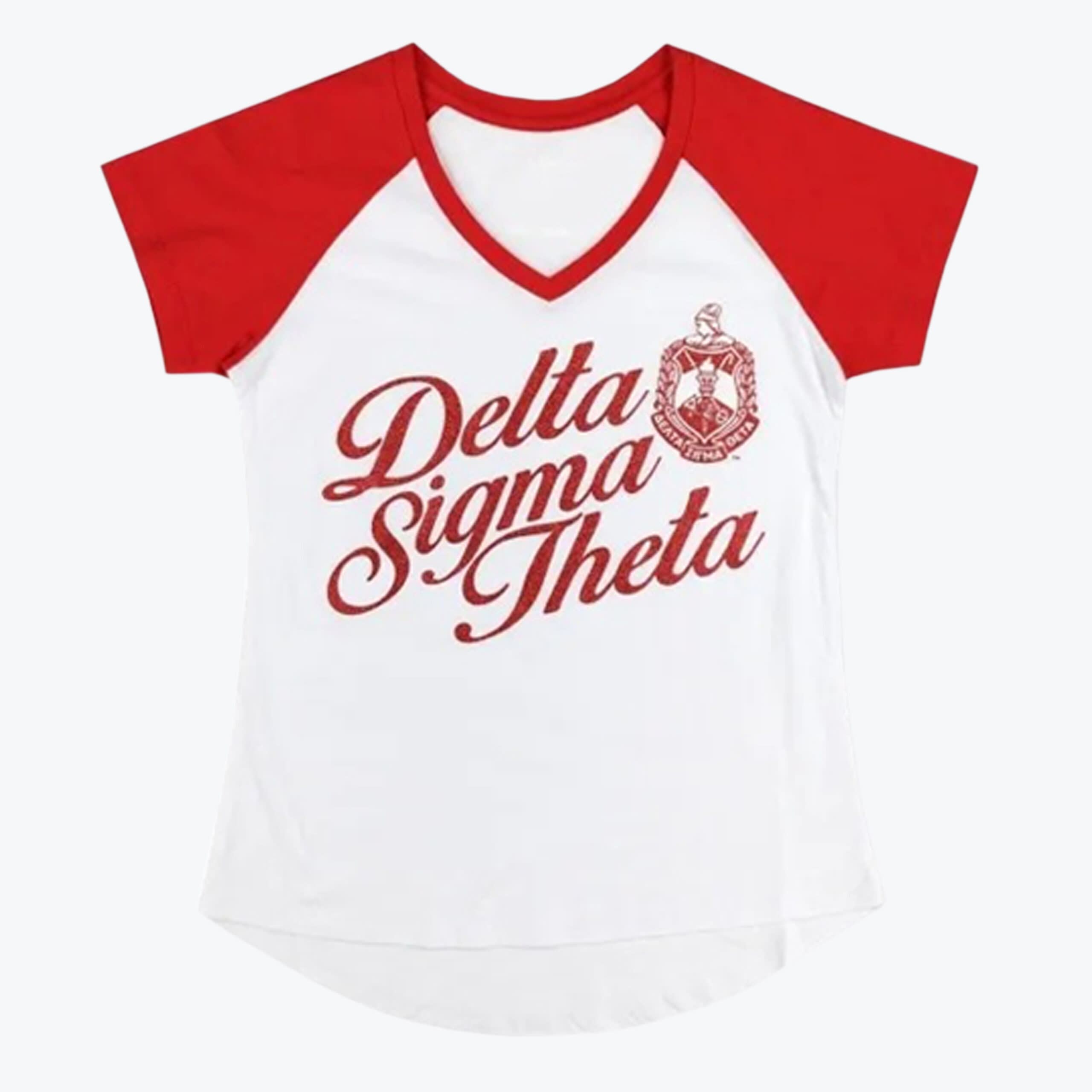 A Delta Sigma Theta women’s raglan t-shirt. A white and red V-neck raglan t-shirt featuring the red script text Delta Sigma Theta and the sorority crest on the front.