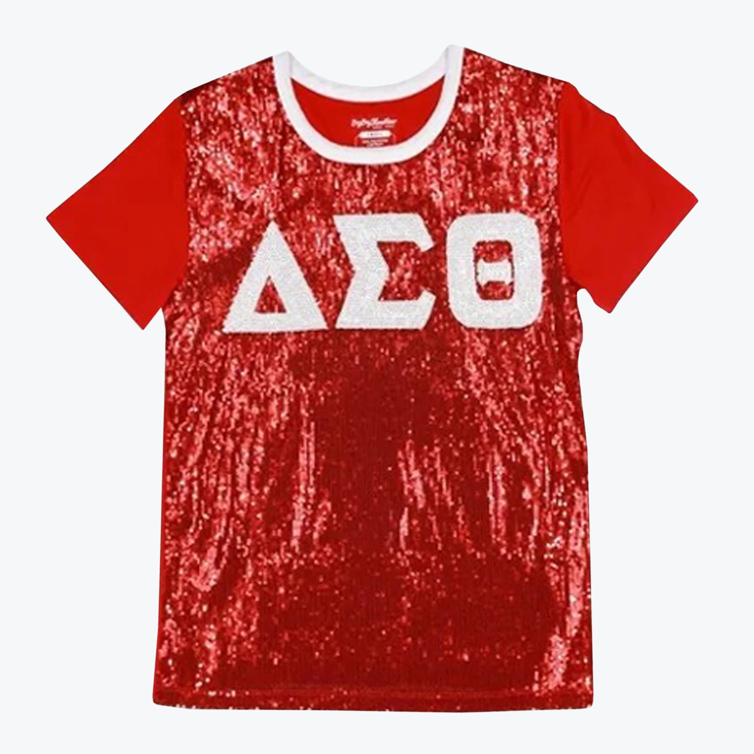 Delta Sigma Theta Red Sequin T-Shirt A red t-shirt with a shiny red sequined front, solid red sleeves, a white crew neck collar, and the Greek letters Delta, Sigma, Theta in white glitter across the chest.