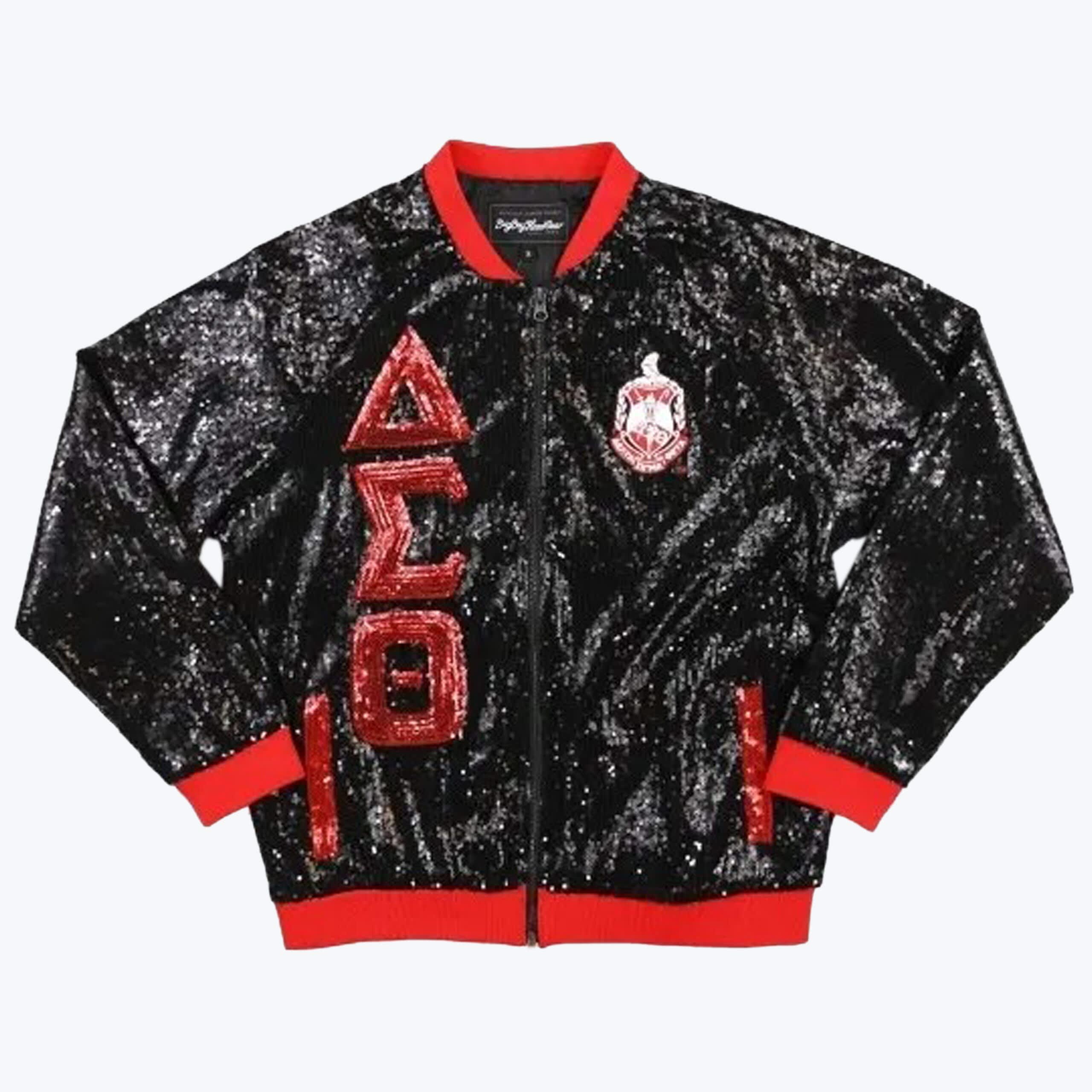 Delta Sigma Theta Sequined Bomber Jacket A black sequined bomber jacket with red trim, featuring the Greek letters Delta, Sigma, and Theta in red sequins on the right side and the organization's crest on the left chest.