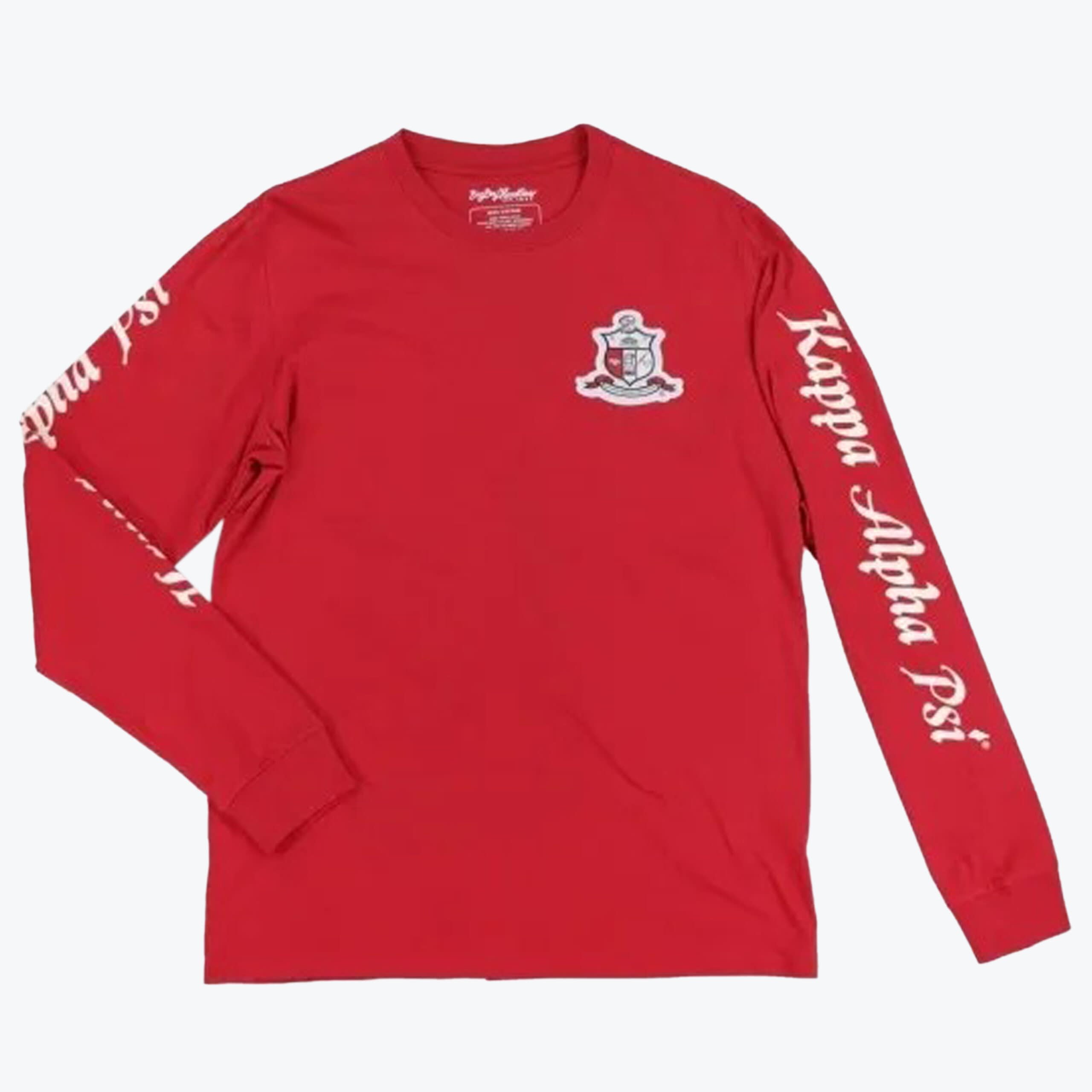 Kappa Alpha Psi Red Long Sleeve T-Shirt A red long-sleeve t-shirt with the Kappa Alpha Psi crest on the left chest and Kappa Alpha Psi written in white script along the sleeves.