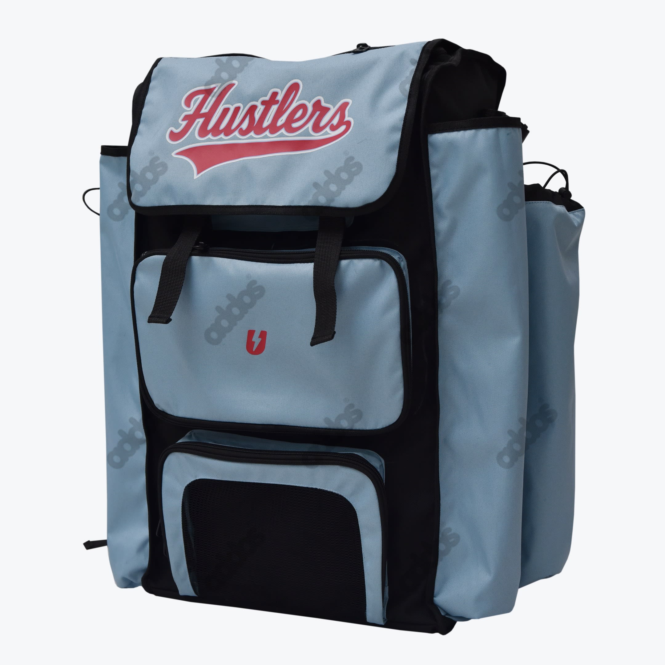 Addos Hustlers Baseball Backpack A light blue and black Addos backpack with 'Hustlers' written in red cursive on the top flap, featuring multiple pockets and side compartments.