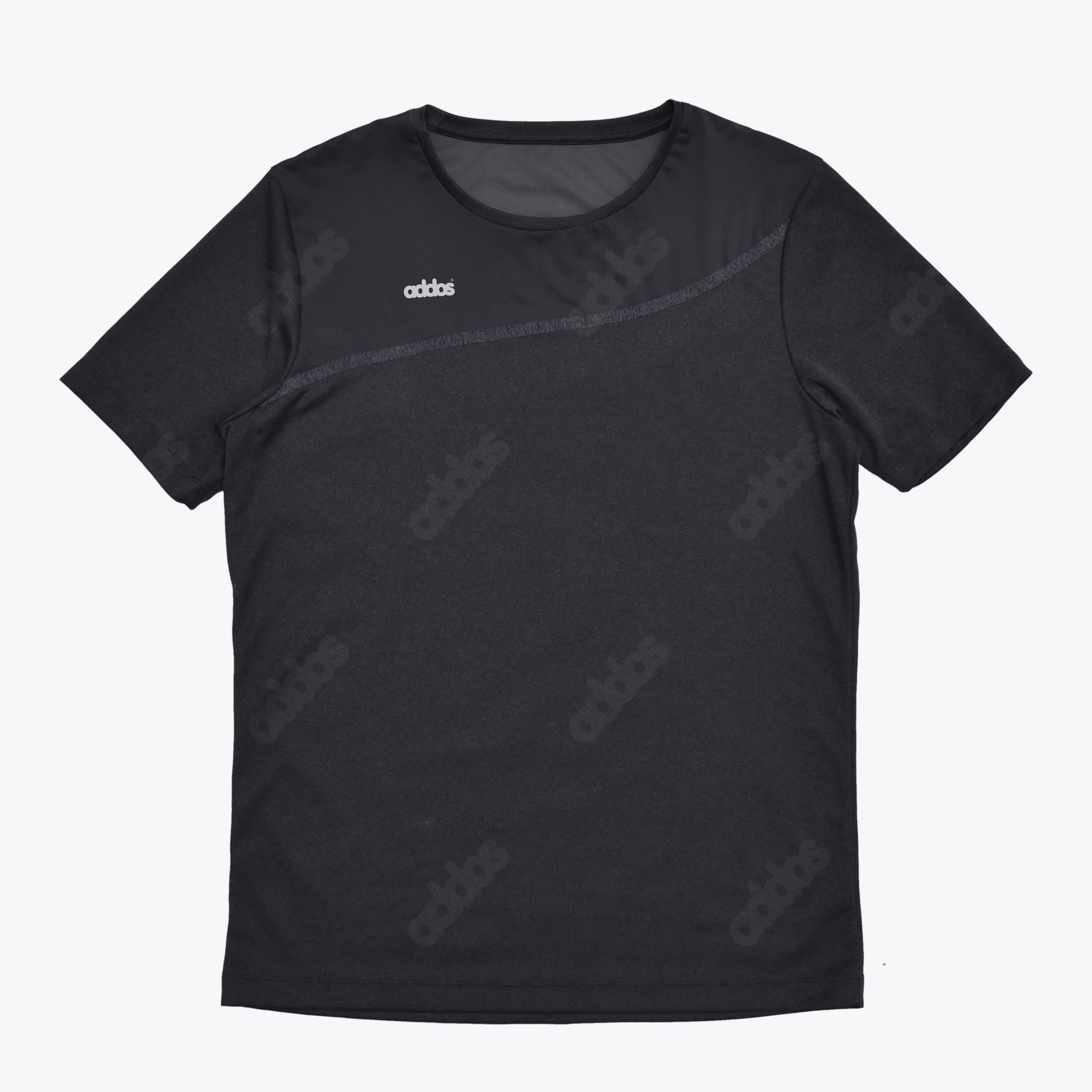 Black Athletic T-Shirt with Tonal Logo Pattern A black short-sleeved athletic t-shirt with a subtle repeating logo pattern, a curved grey seam across the chest, and a small white logo on the left chest, shown flat against a white background.