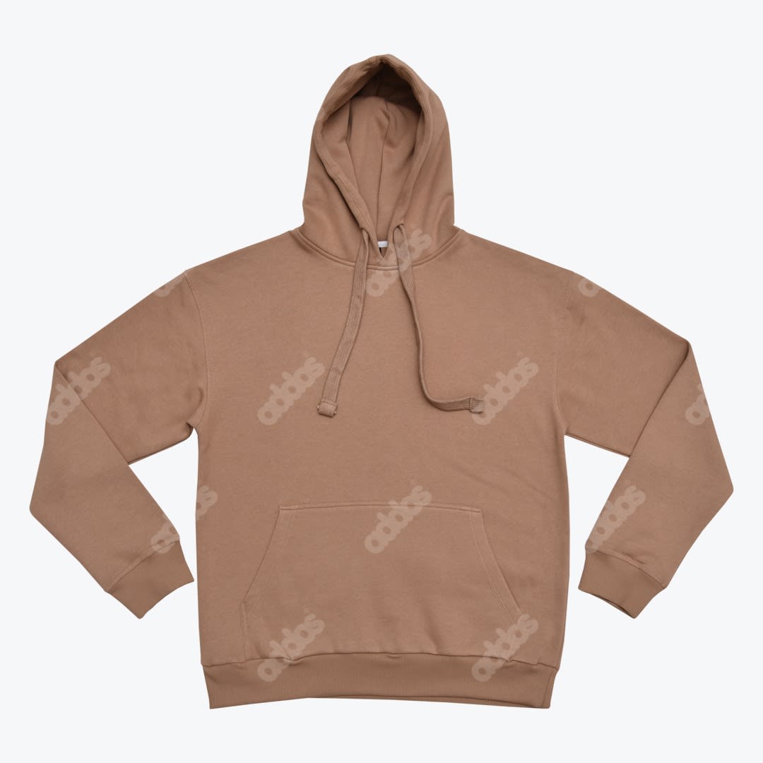 Brown Pullover Hoodie A flat lay of a solid light brown pullover hoodie with a hood, drawstrings, and a kangaroo pocket on a white background.