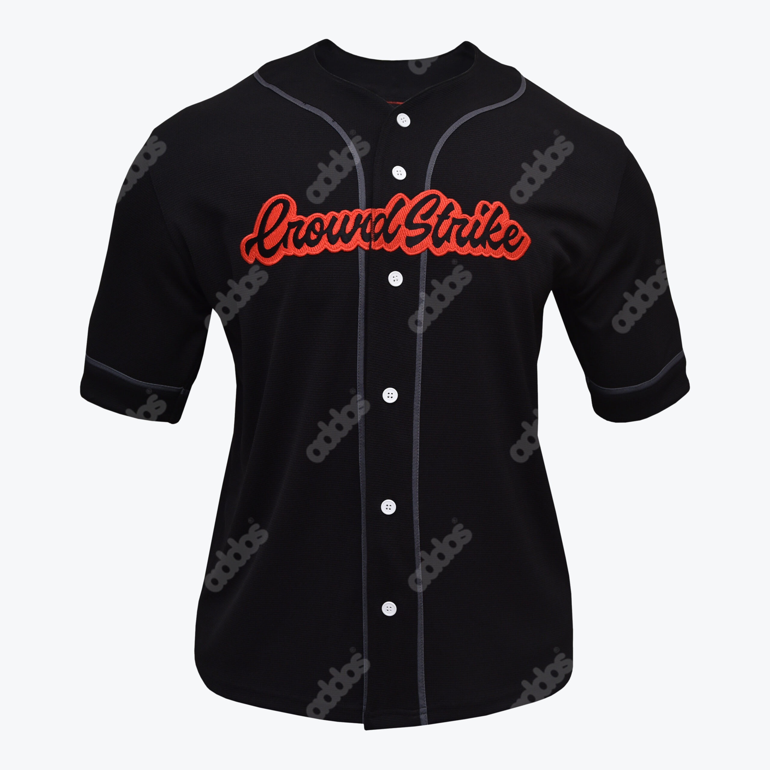 CrowdStrike Black Baseball Jersey A black baseball jersey with white buttons, thin grey trim, and CrowdStrike written in red cursive lettering across the chest.