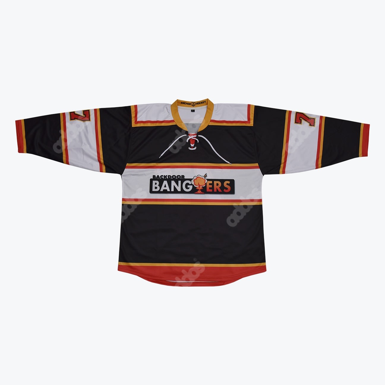 Backdoor Bangers Custom Hockey Jersey A black, white, red, and yellow hockey jersey with BACKDOOR BANGERS printed on the chest and the number 7 on the sleeves.