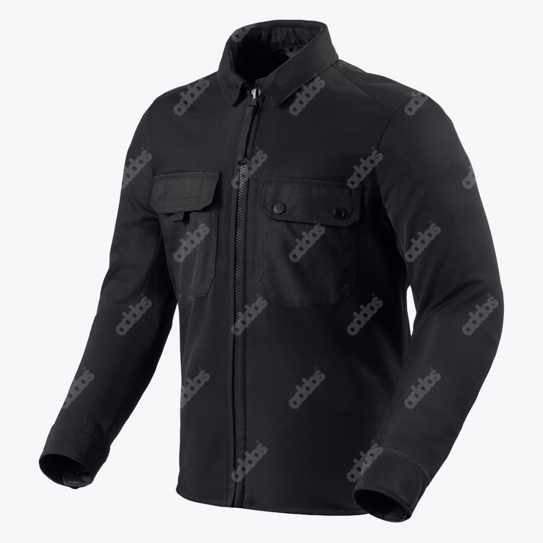 Black Utility Zip-Up Overshirt Jacket A black long-sleeve utility jacket with a front zipper, collar, and two chest pockets, displayed against a plain white background.