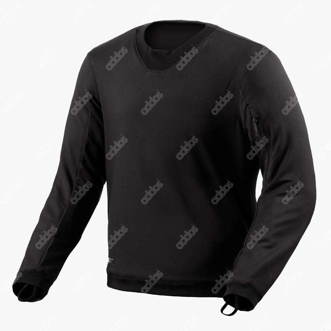 Black Technical Crewneck Sweatshirt with Thumb Loops A solid black long-sleeve technical sweatshirt with a crew neck, thumb loops at the cuffs, and a small zipper pocket on the upper left sleeve, displayed against a white background.