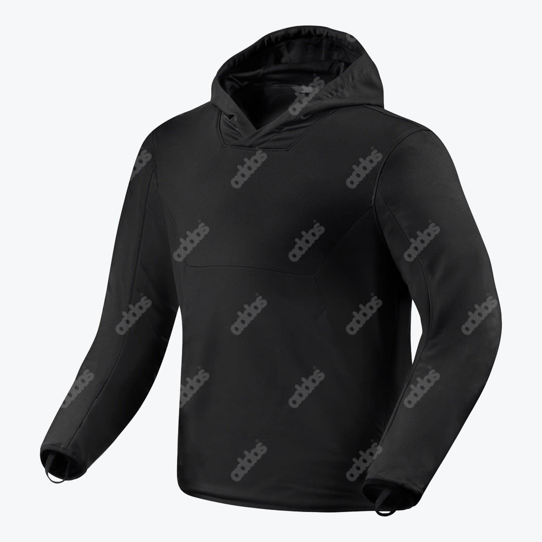 Black Technical Pullover Hoodie A black technical pullover hoodie with a structured hood and thumb loops on the cuffs, displayed against a plain white background.