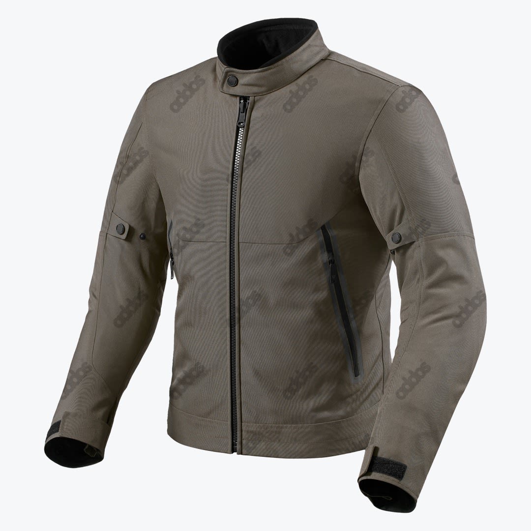Olive Green Textile Motorcycle Jacket An olive green textile motorcycle jacket with a front zipper, stand-up collar, and adjustable sleeves, shown against a plain white background.