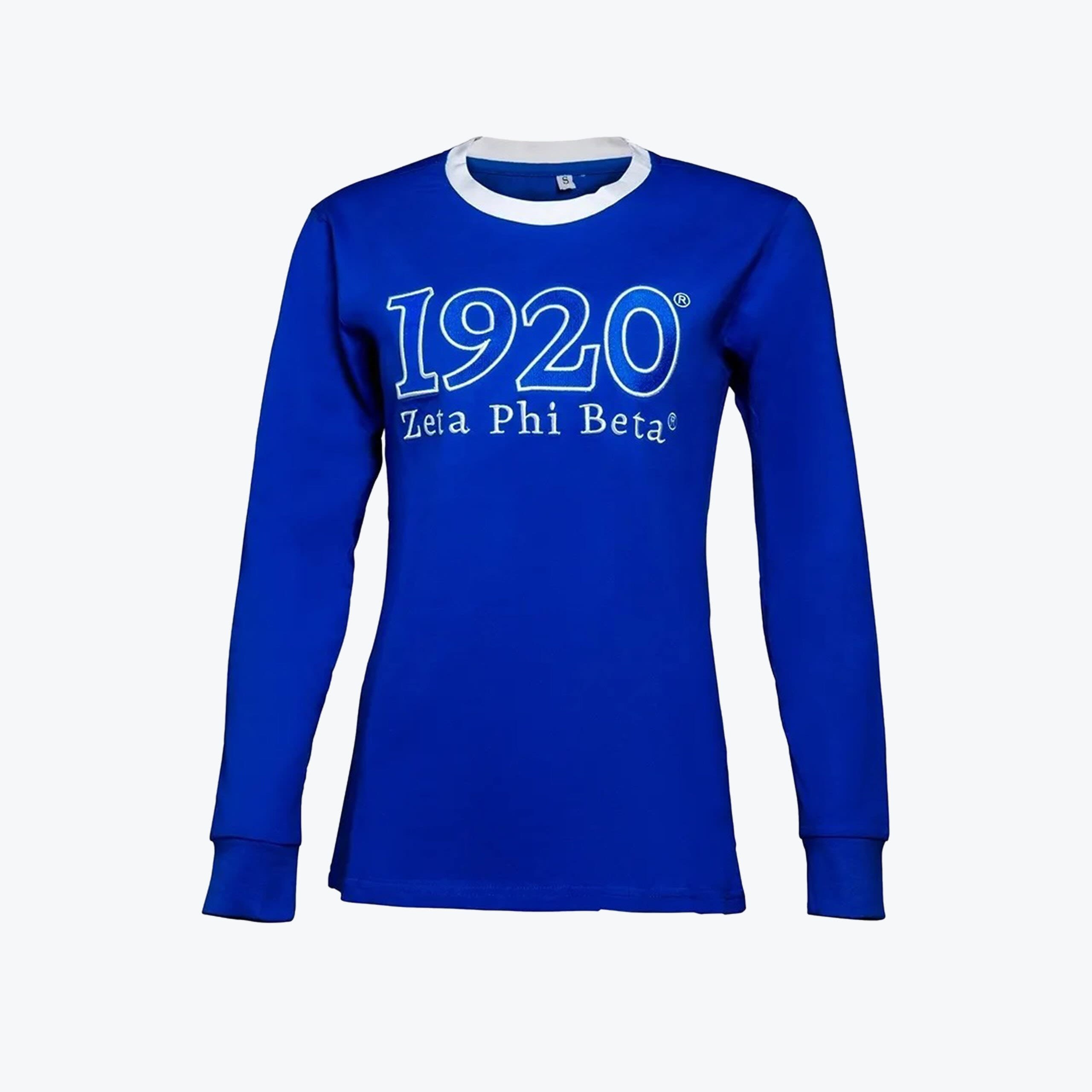 Zeta Phi Beta 1920 Blue Long Sleeve Shirt A royal blue long-sleeved shirt with a white collar, featuring 1920 and Zeta Phi Beta embroidered in white on the chest.