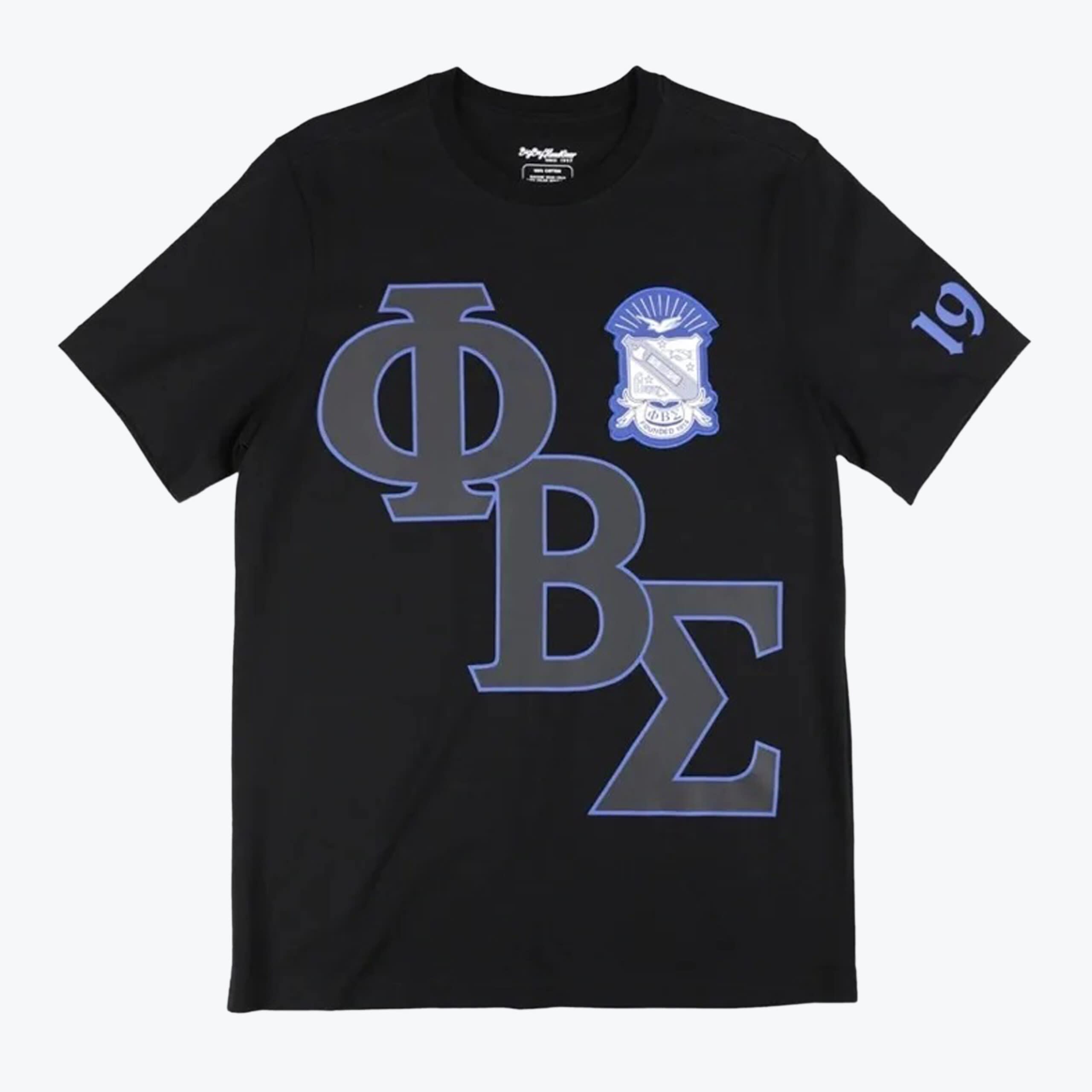 Phi Beta Sigma Black T-Shirt A black t-shirt featuring large grey Greek letters for Phi Beta Sigma outlined in blue, with a fraternity crest on the chest and the number 19 on the sleeve.