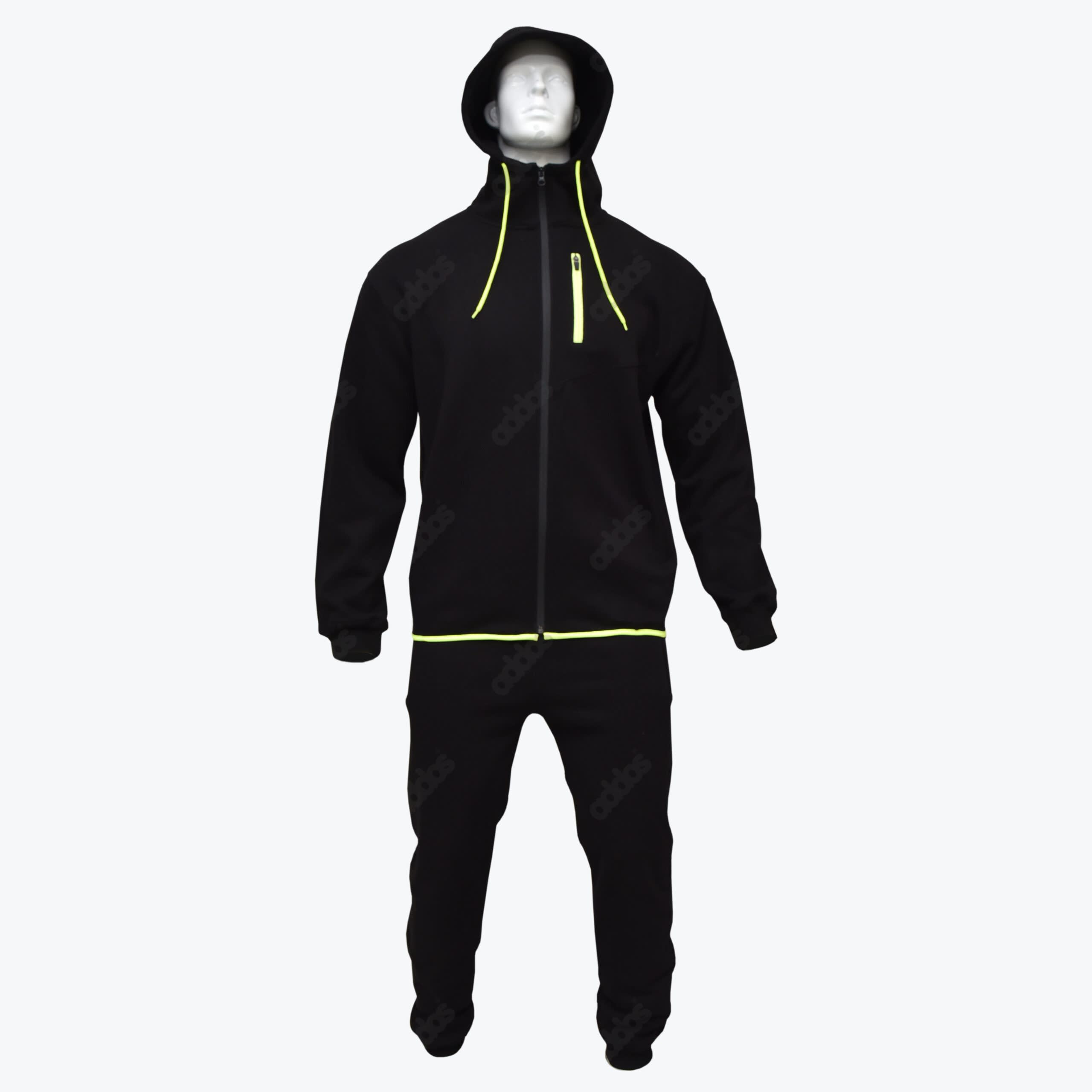 Black Tracksuit with Neon Yellow Accents A black tracksuit with neon yellow drawstrings and zipper accents on a white mannequin.