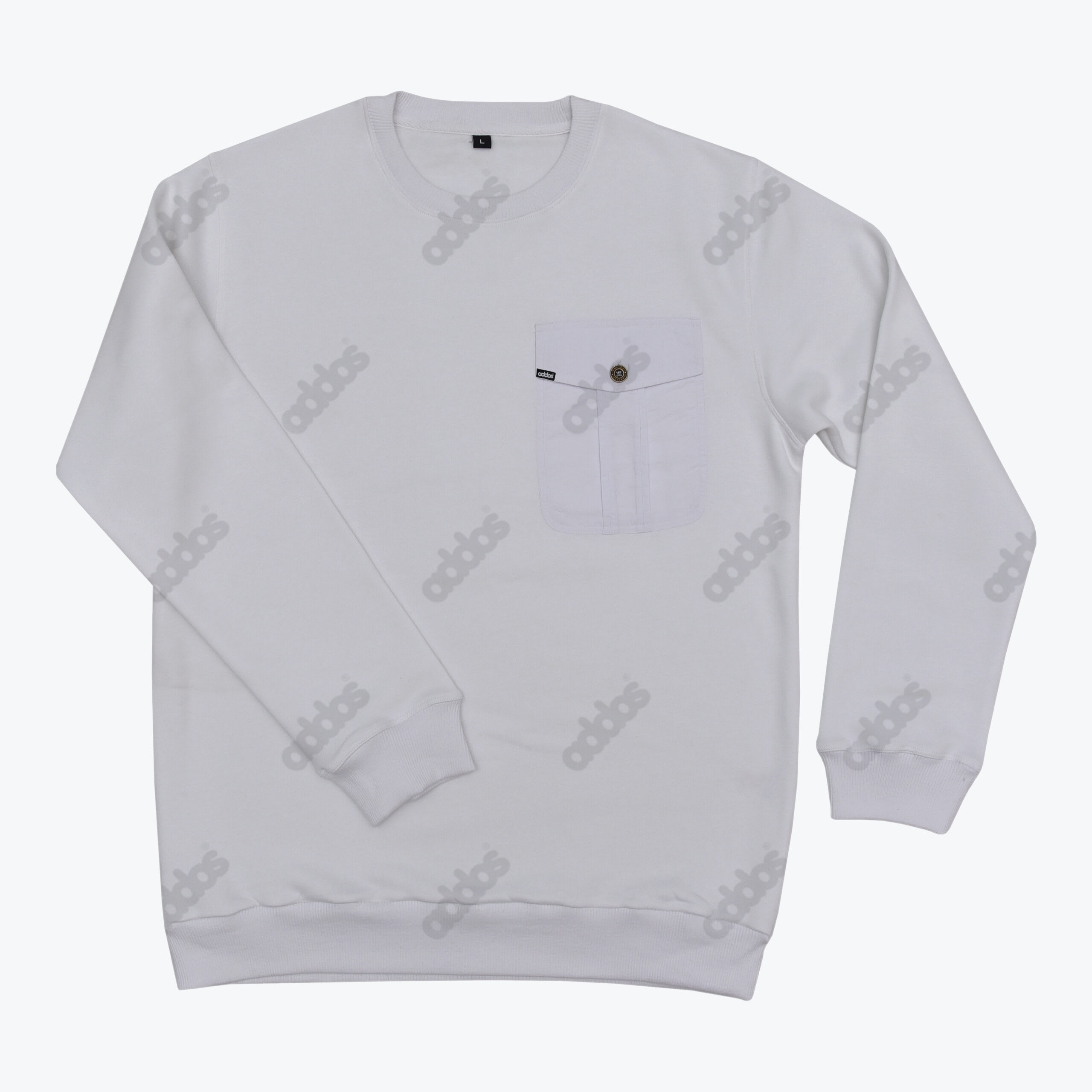 White Crew Neck Sweatshirt with All-Over Pattern and Chest Pocket A white crew neck sweatshirt with a faint all-over logo pattern, featuring a buttoned chest pocket on the left side, ribbed cuffs, and a ribbed hem, displayed flat against a white background.
