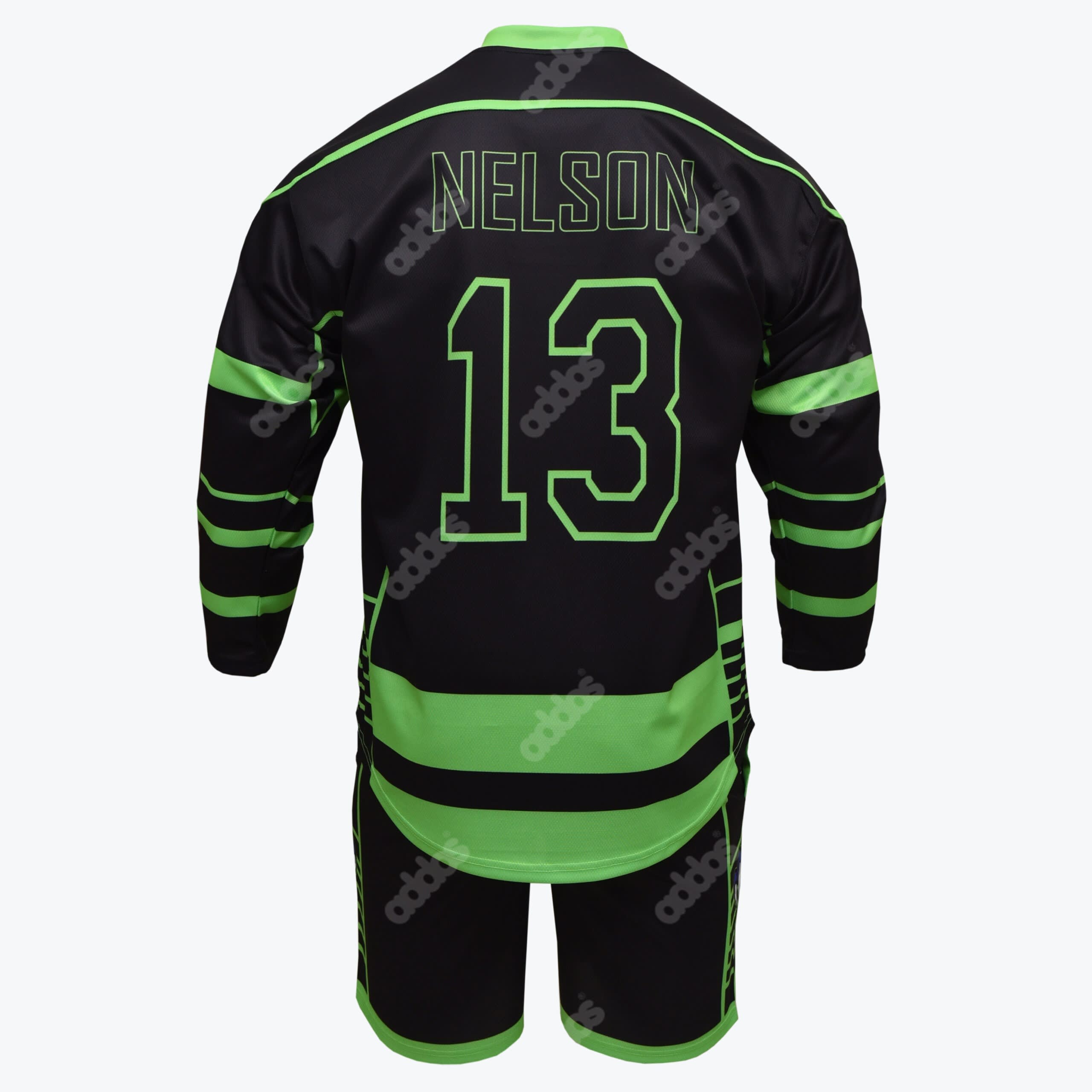 Back view of a black sports jersey with neon green accents, featuring the name NELSON and number 13 on the back, paired with matching black and neon green shorts.