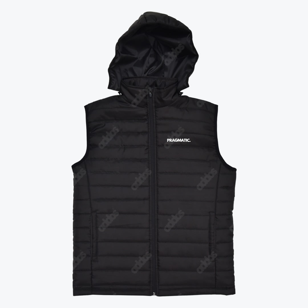 Black Pragmatic Hooded Puffer Vest A black hooded puffer vest with a front zipper and the white text PRAGMATIC on the left chest, set against a solid white background.