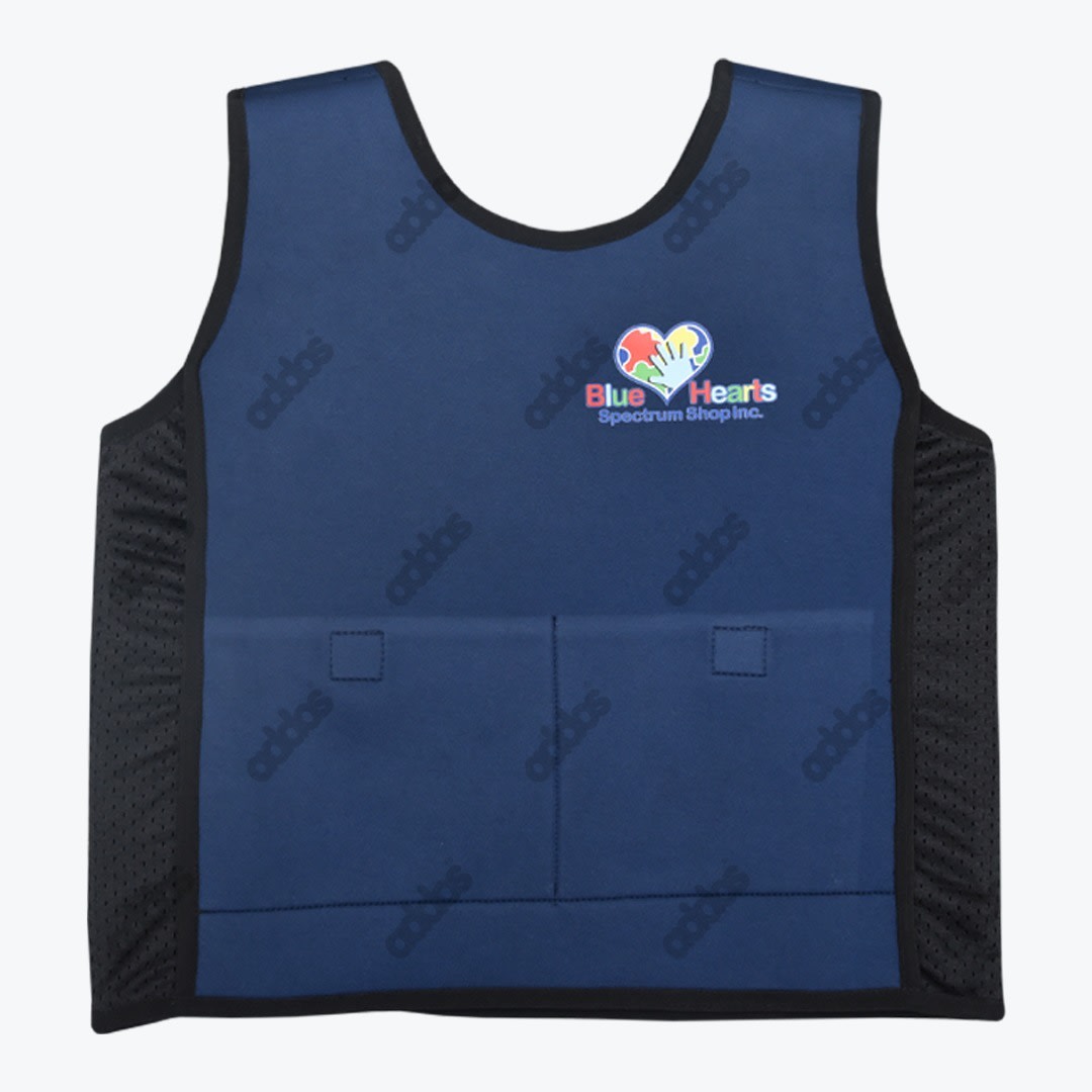 Blue Hearts Spectrum Shop Weighted Compression Vest A navy blue weighted sensory vest with black mesh sides and Blue Hearts Spectrum Shop logo on the upper right chest.
