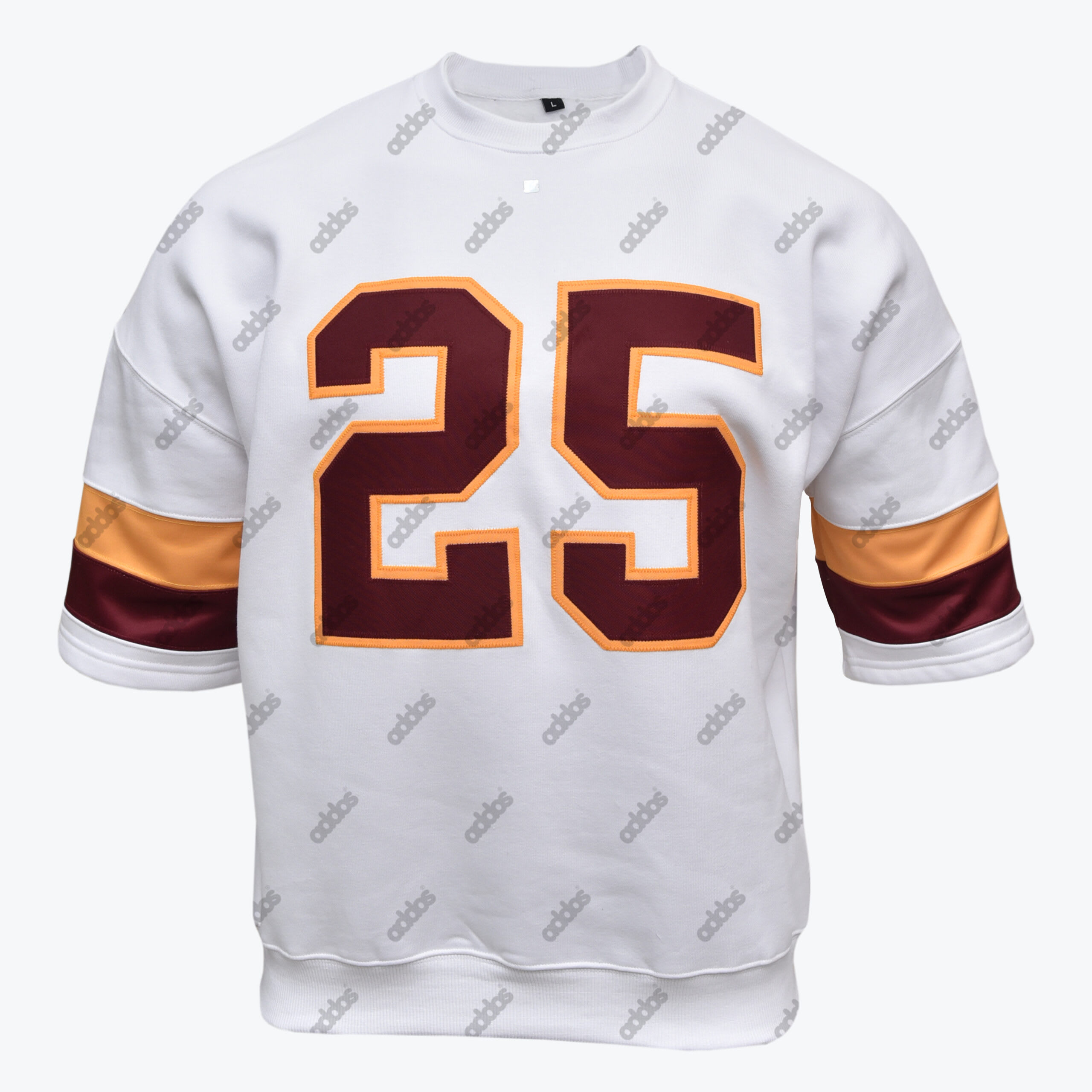 White Retro Jersey Sweatshirt with Number 25 A white short-sleeved sweatshirt featuring a large maroon number 25 with an orange border on the chest, and matching orange and maroon stripes on the sleeves.